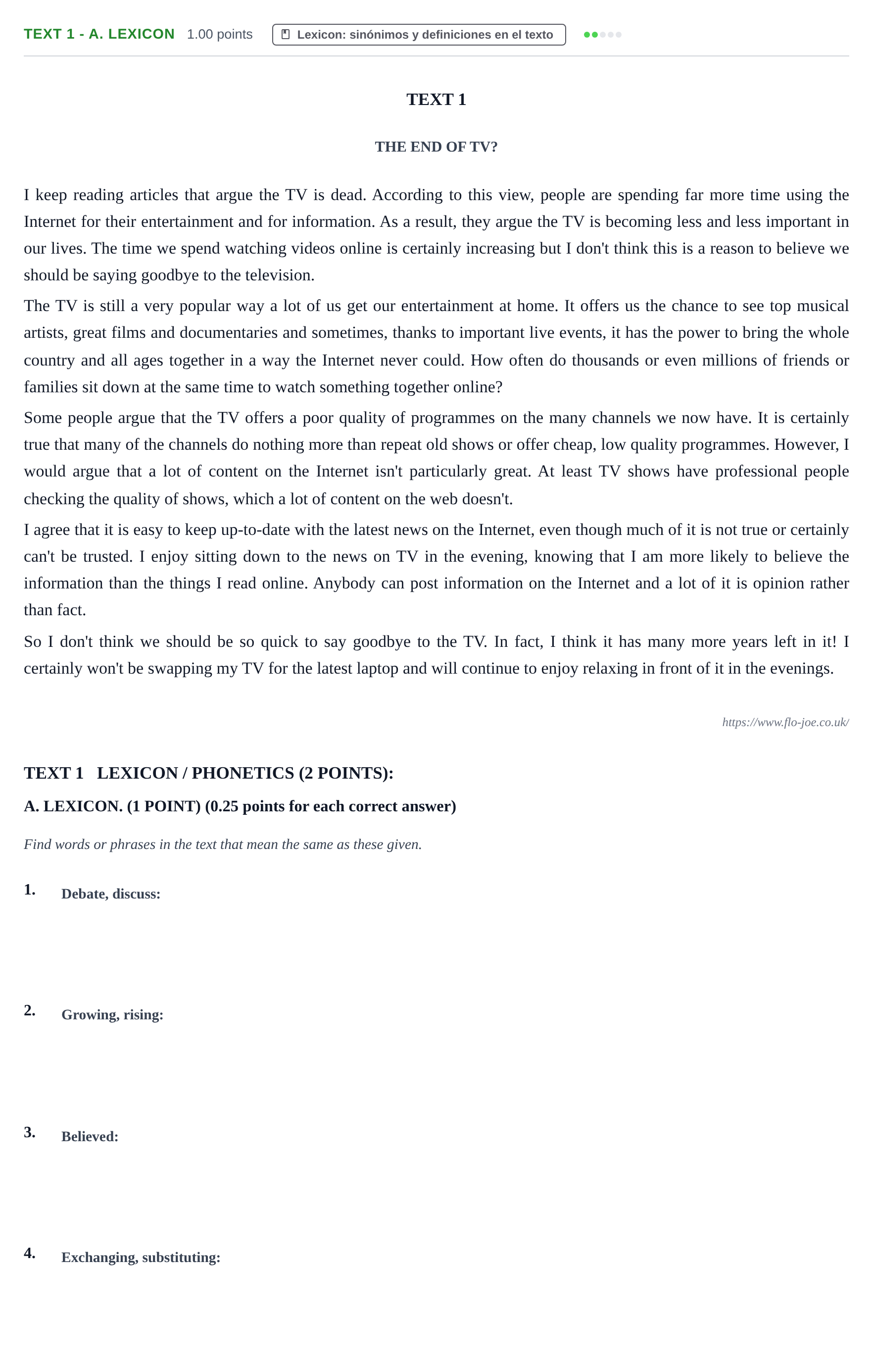 Enunciado: Ejercicio Text 1 - A. Lexicon · Inglés PAU Castilla-La Mancha Extraordinaria 2021