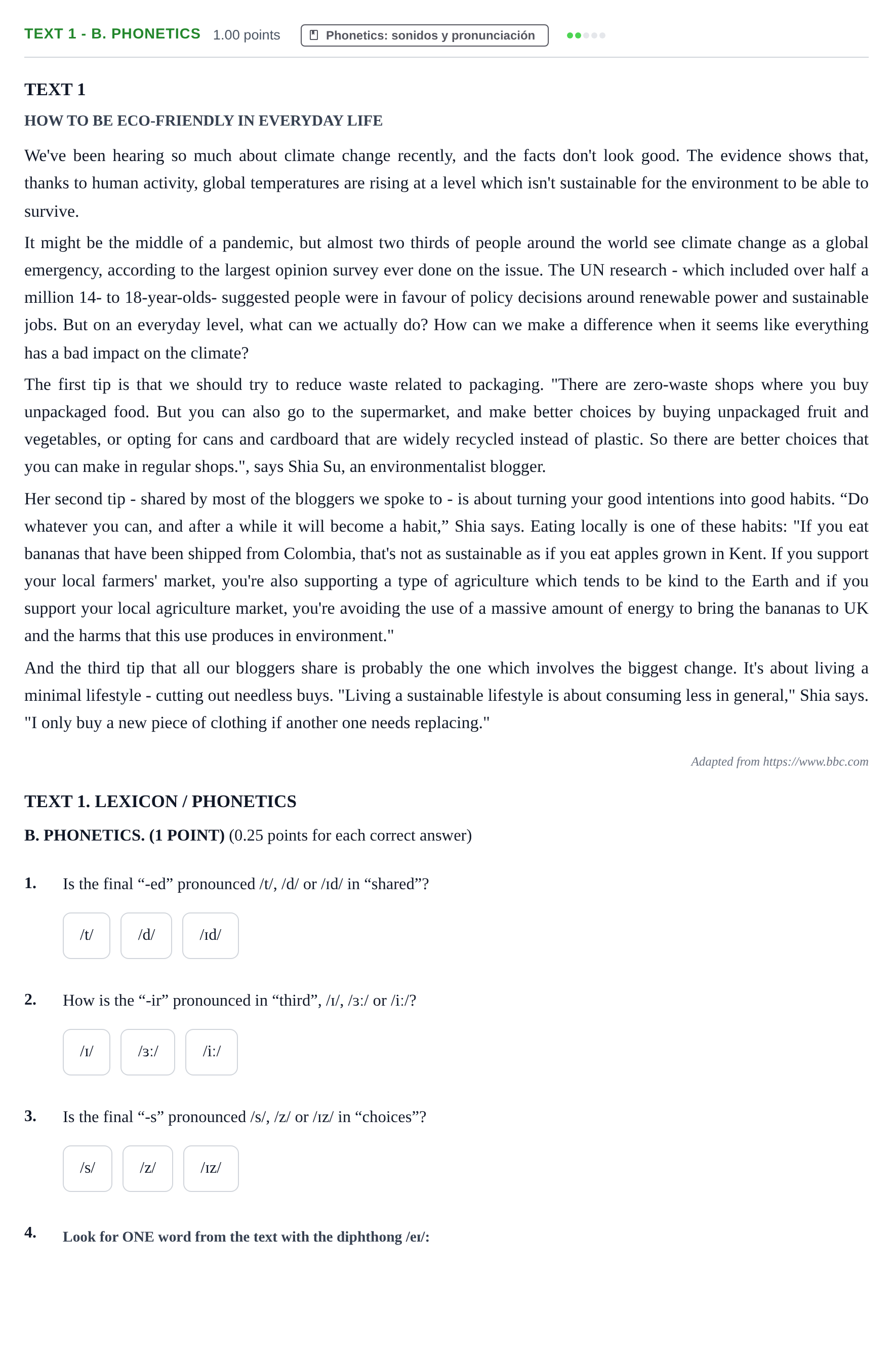 Enunciado: Ejercicio Text 1 - B. Phonetics · Inglés PAU Castilla-La Mancha Ordinaria (Humanidades, CC.SS. y Artes) 2021