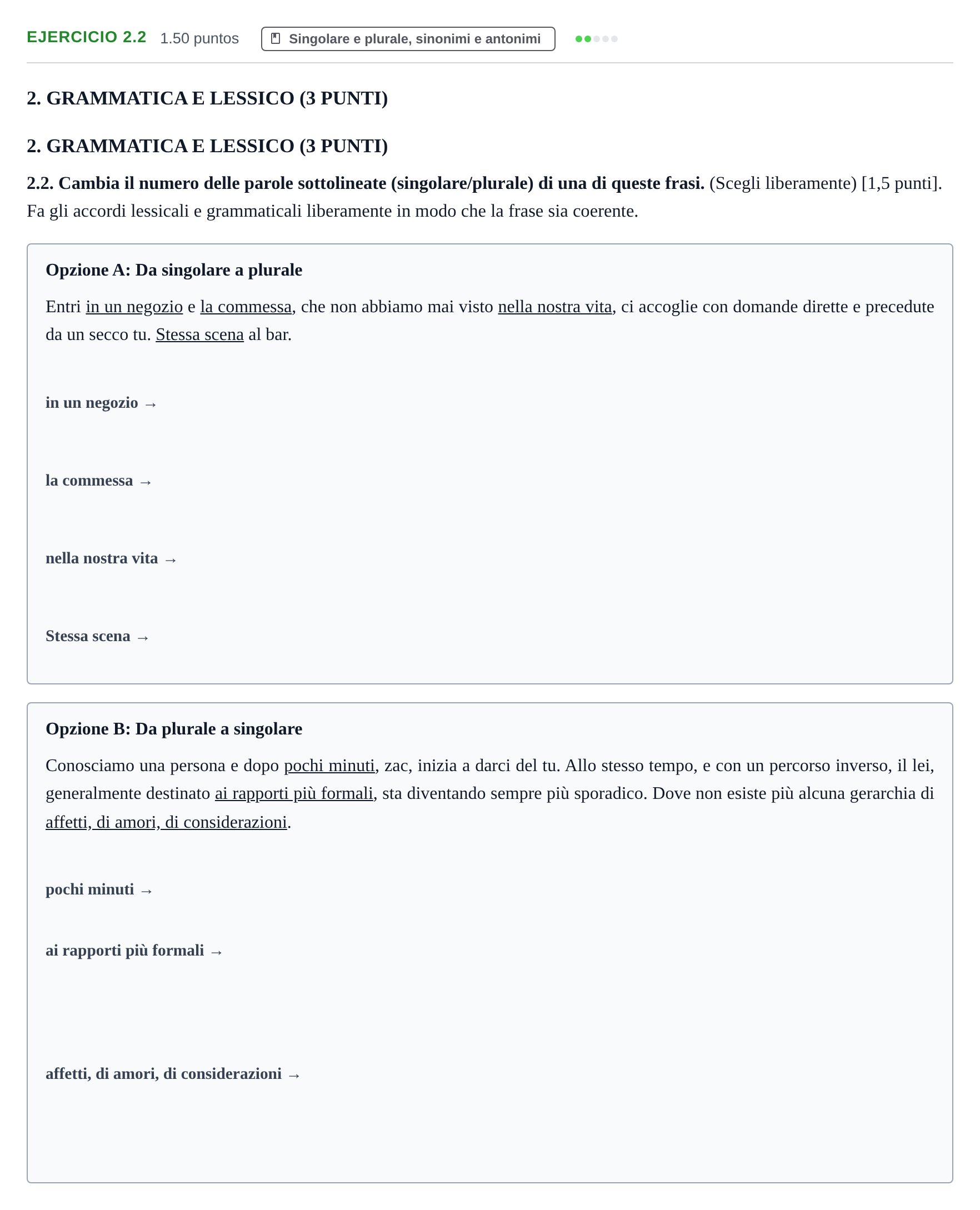 Enunciado: Ejercicio 2.2 · Italiano PAU Castilla-La Mancha Extraordinaria 2021
