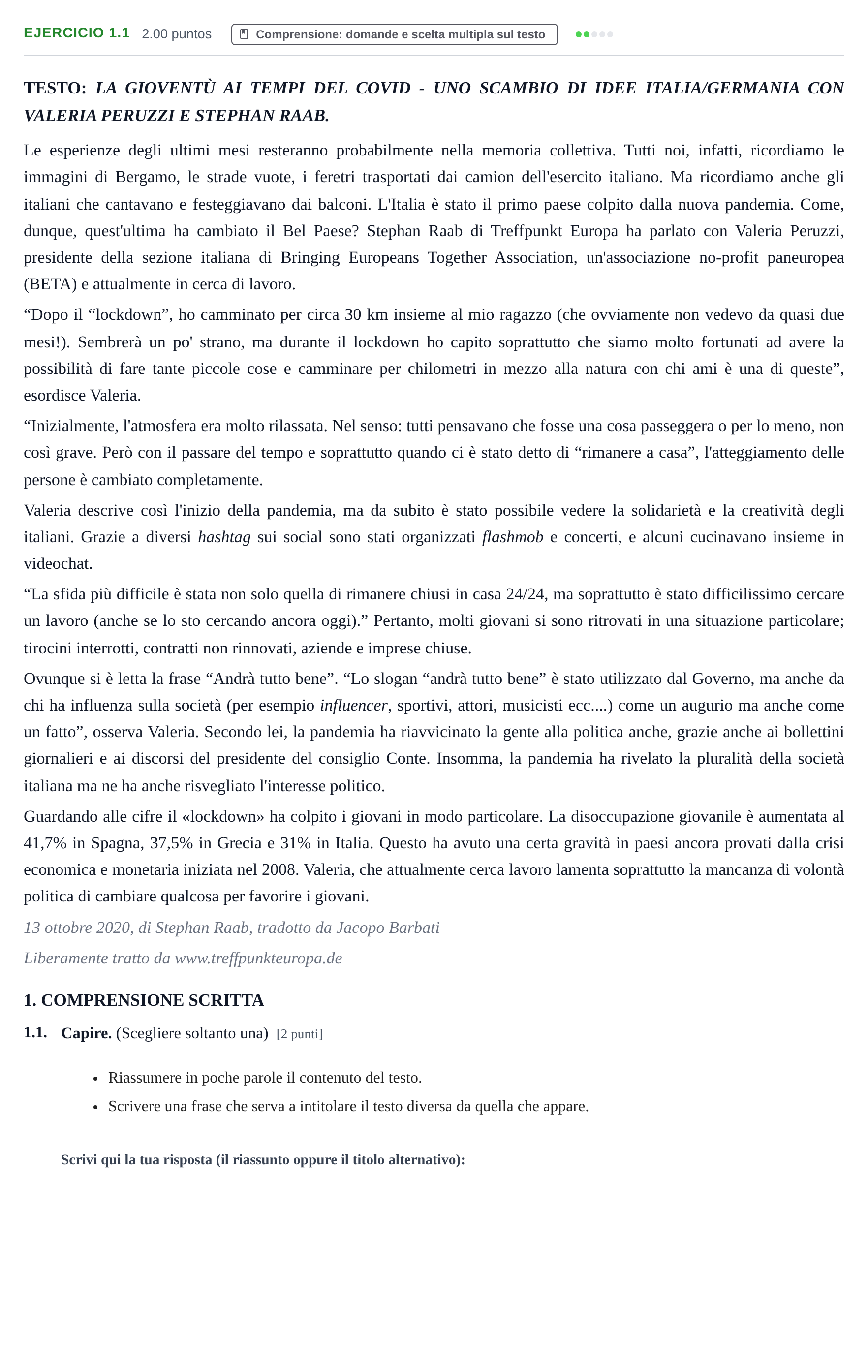 Enunciado: Ejercicio 1.1 · Italiano PAU Castilla-La Mancha Ordinaria 2021