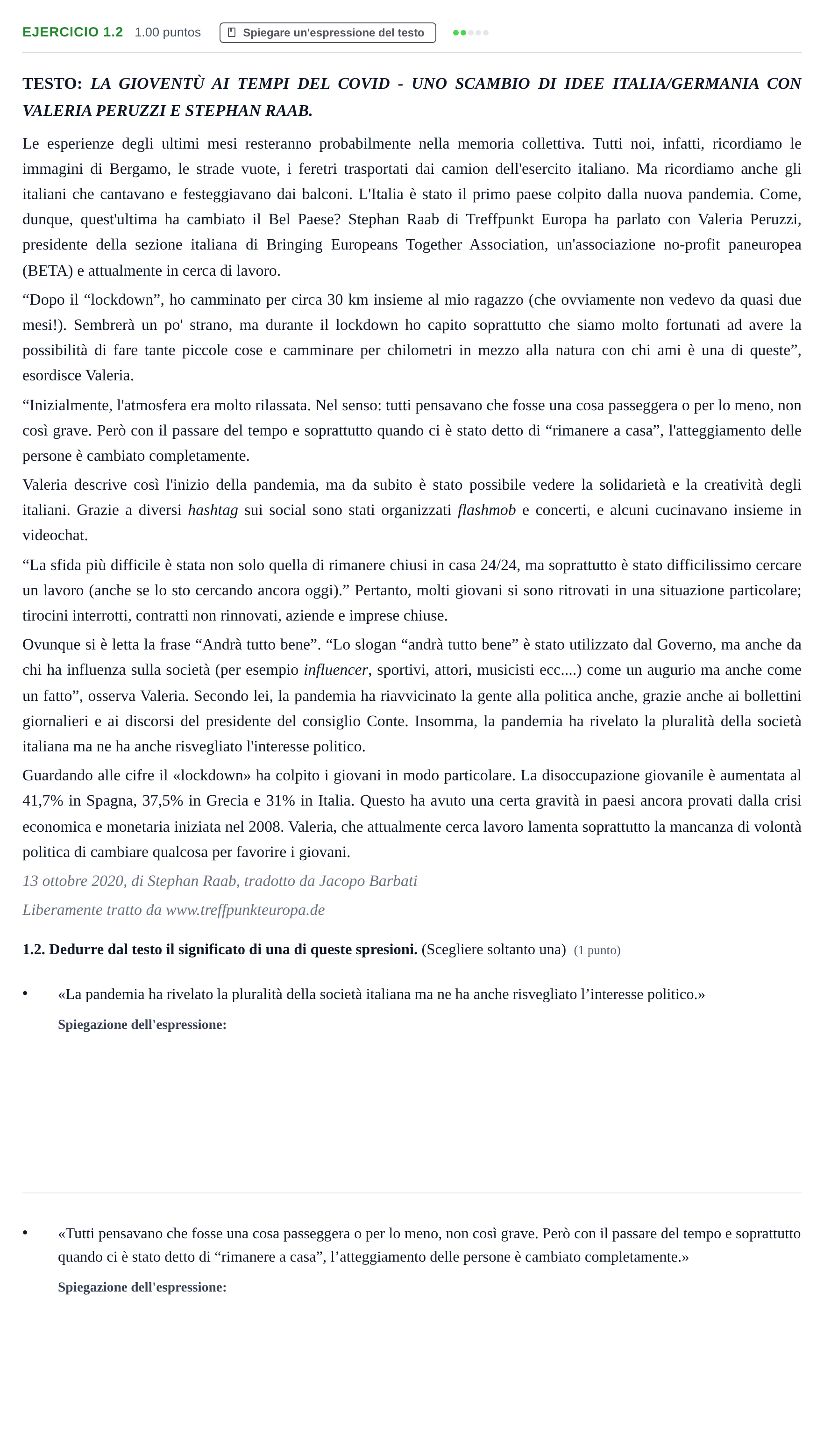 Enunciado: Ejercicio 1.2 · Italiano PAU Castilla-La Mancha Ordinaria 2021