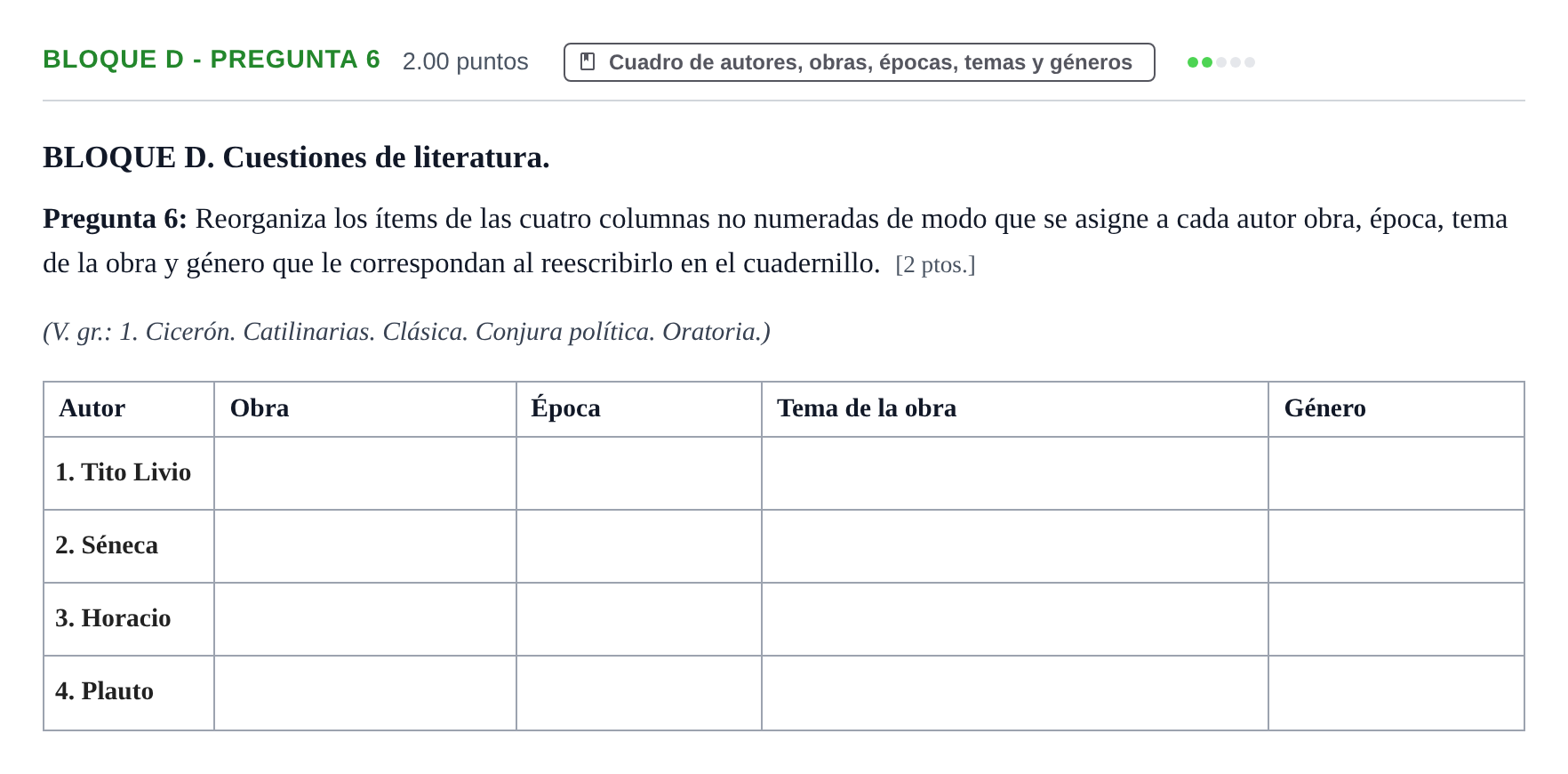 Enunciado: Bloque D - Pregunta 6 · Latín II PAU Castilla-La Mancha Extraordinaria 2021