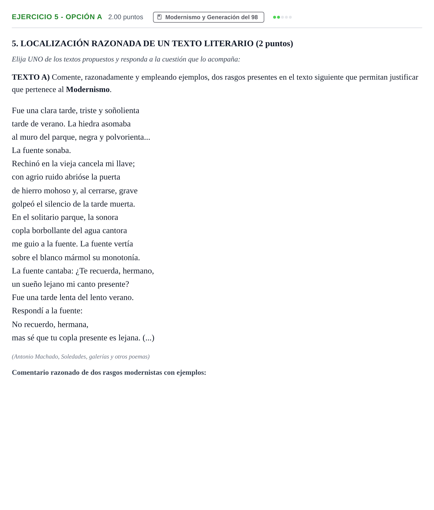 Enunciado: Ejercicio 5 - Opción A · Lengua Castellana y Literatura II PAU Castilla-La Mancha Extraordinaria 2021