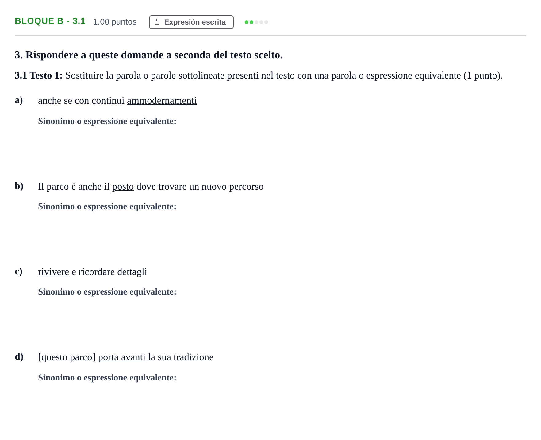Enunciado: Bloque B - 3.1 · Italiano PAU Andalucía Extraordinaria Suplente 2024