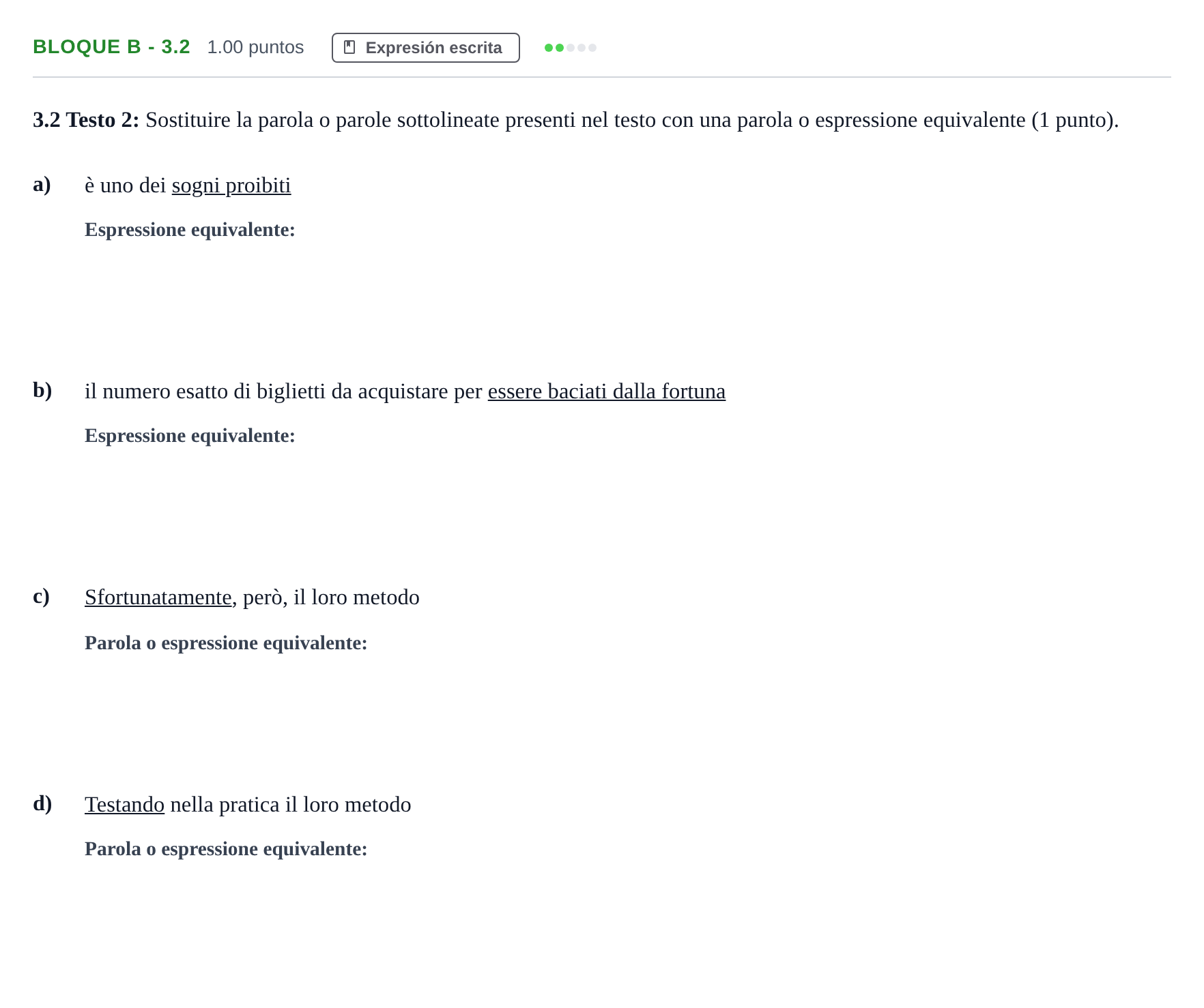 Enunciado: Bloque B - 3.2 · Italiano PAU Andalucía Extraordinaria Suplente 2024