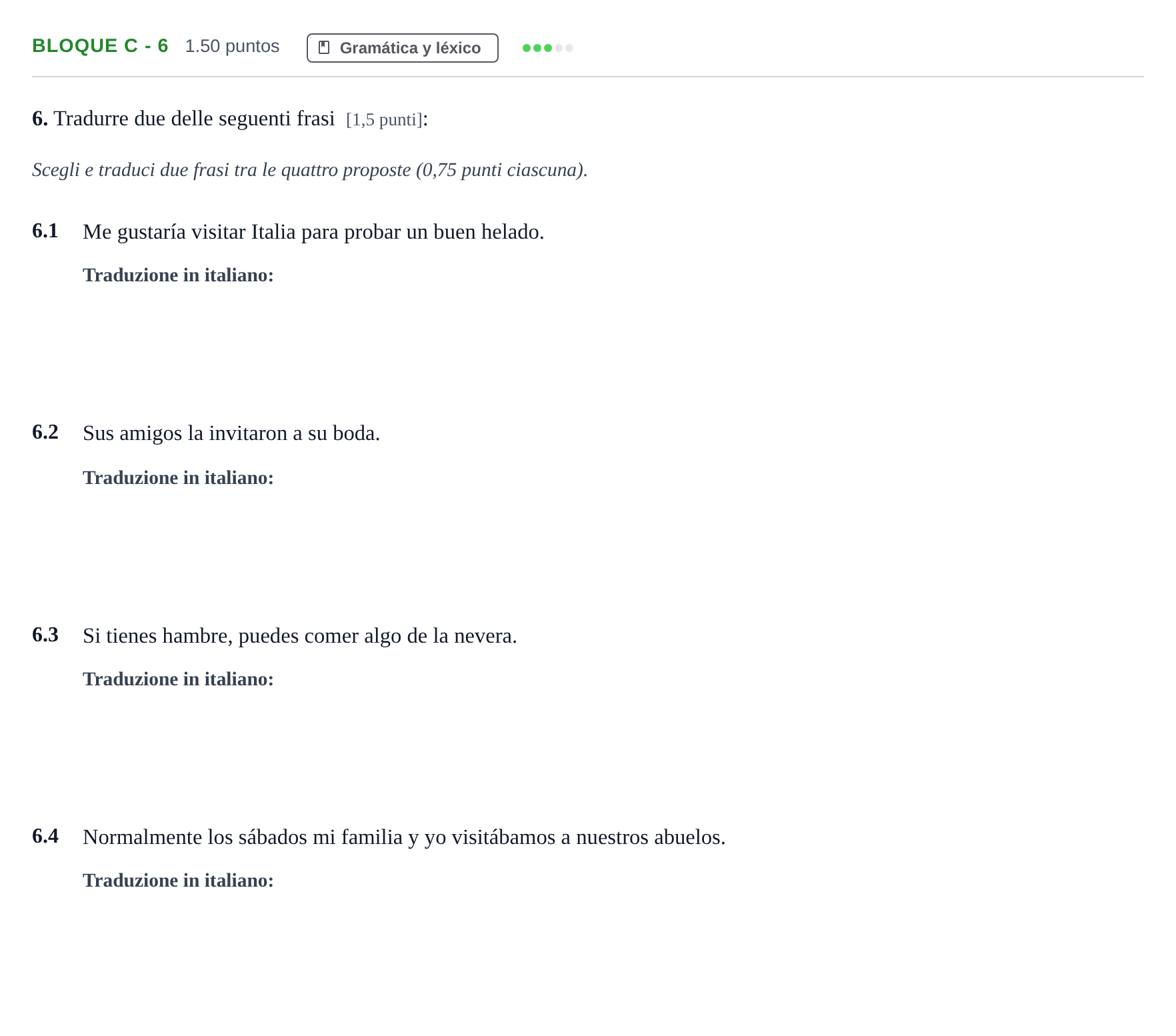 Enunciado: Bloque C - 6 · Italiano PAU Andalucía Extraordinaria Suplente 2024
