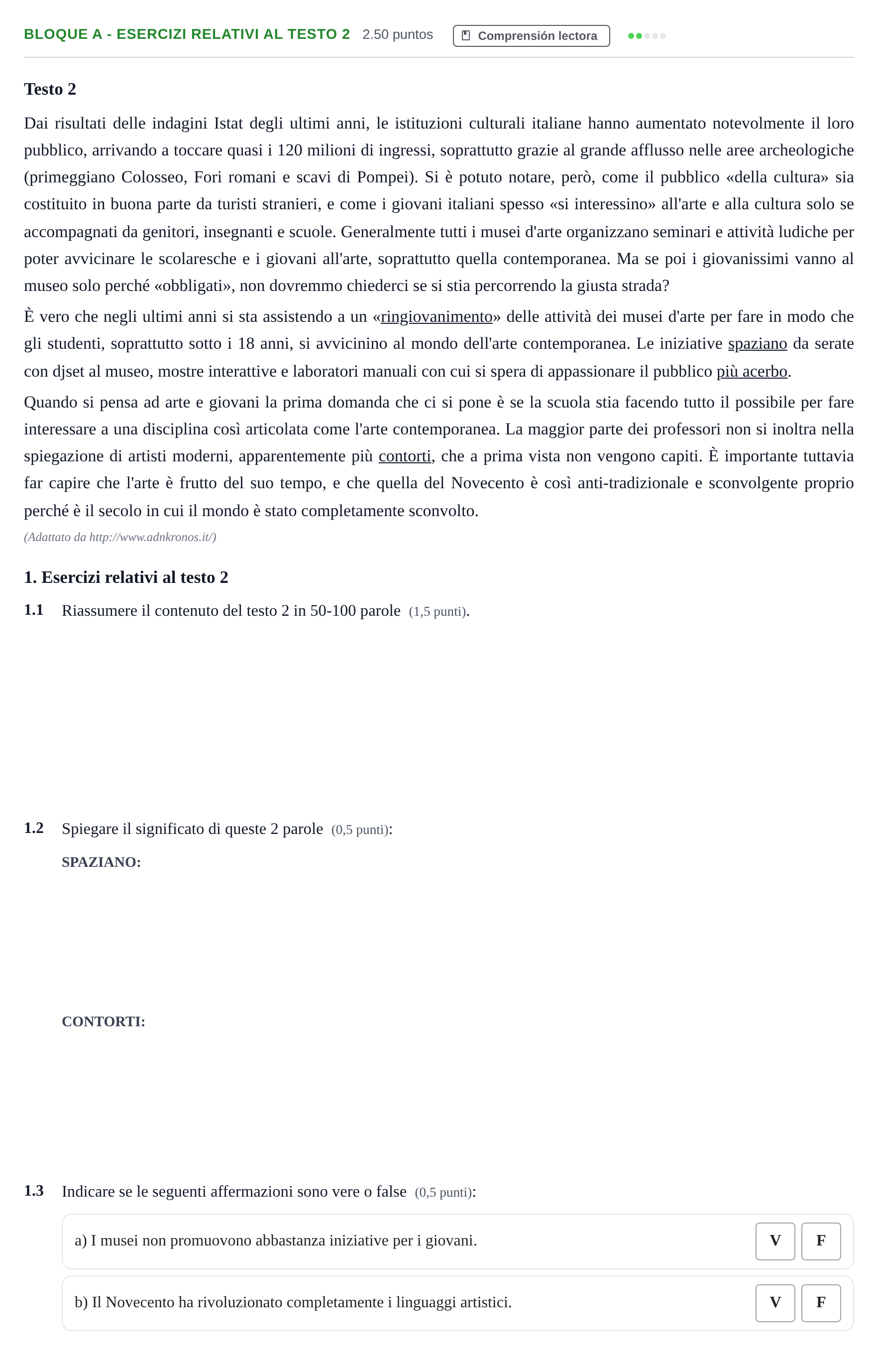 Enunciado: Bloque A - Esercizi relativi al testo 2 · Italiano PAU Andalucía Extraordinaria Titular (Acceso) 2024