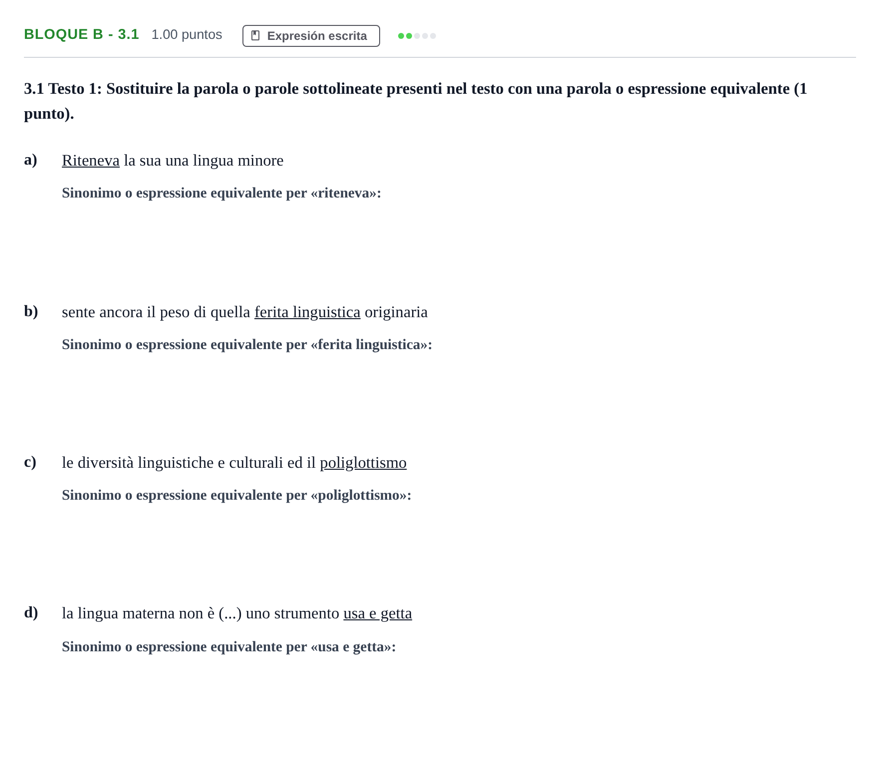 Enunciado: Bloque B - 3.1 · Italiano PAU Andalucía Extraordinaria Titular (Acceso) 2024