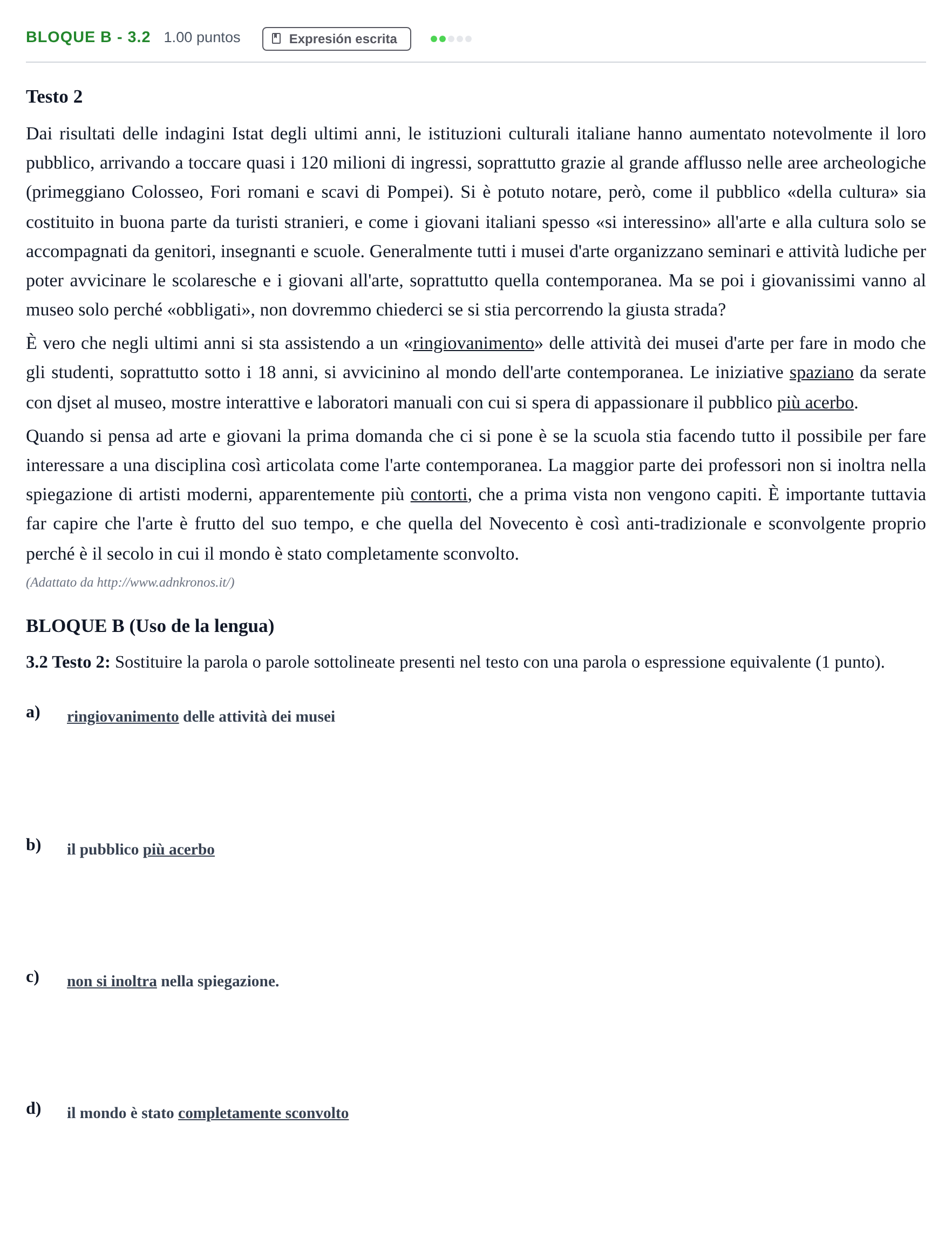 Enunciado: Bloque B - 3.2 · Italiano PAU Andalucía Extraordinaria Titular (Acceso) 2024
