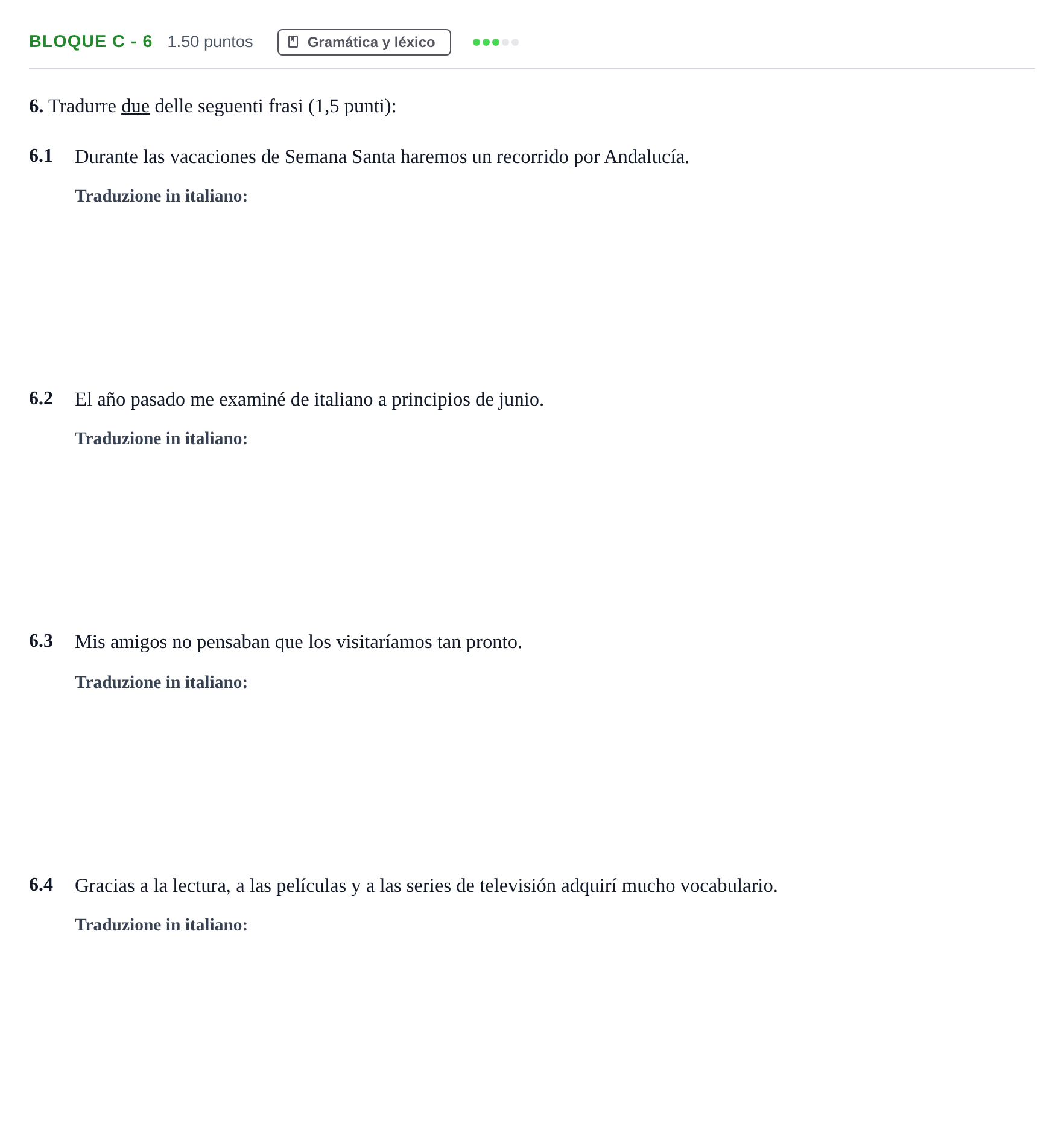 Enunciado: Bloque C - 6 · Italiano PAU Andalucía Extraordinaria Titular (Acceso) 2024
