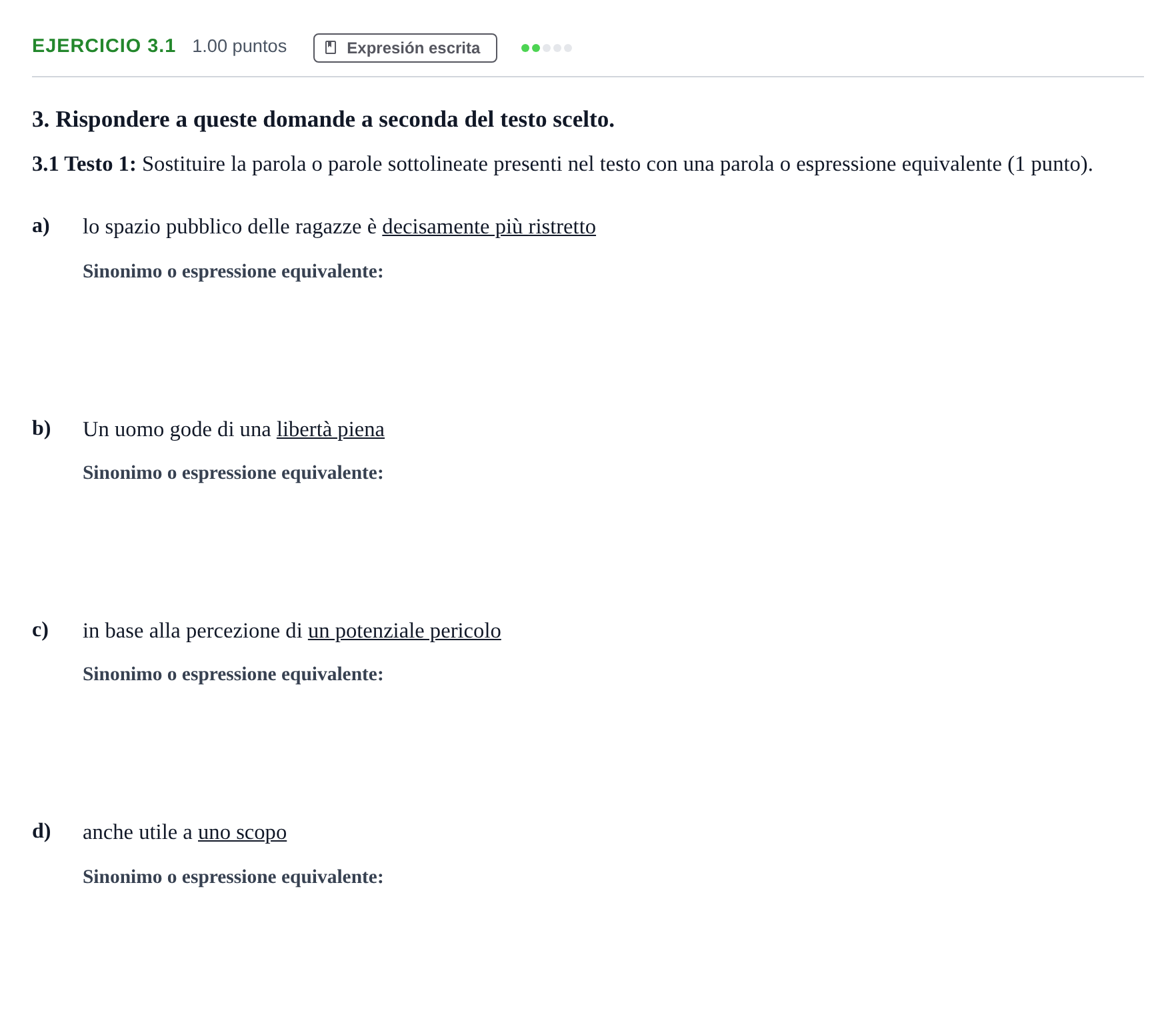 Enunciado: Ejercicio 3.1 · Italiano PAU Andalucía Extraordinaria Titular (Admisión) 2024