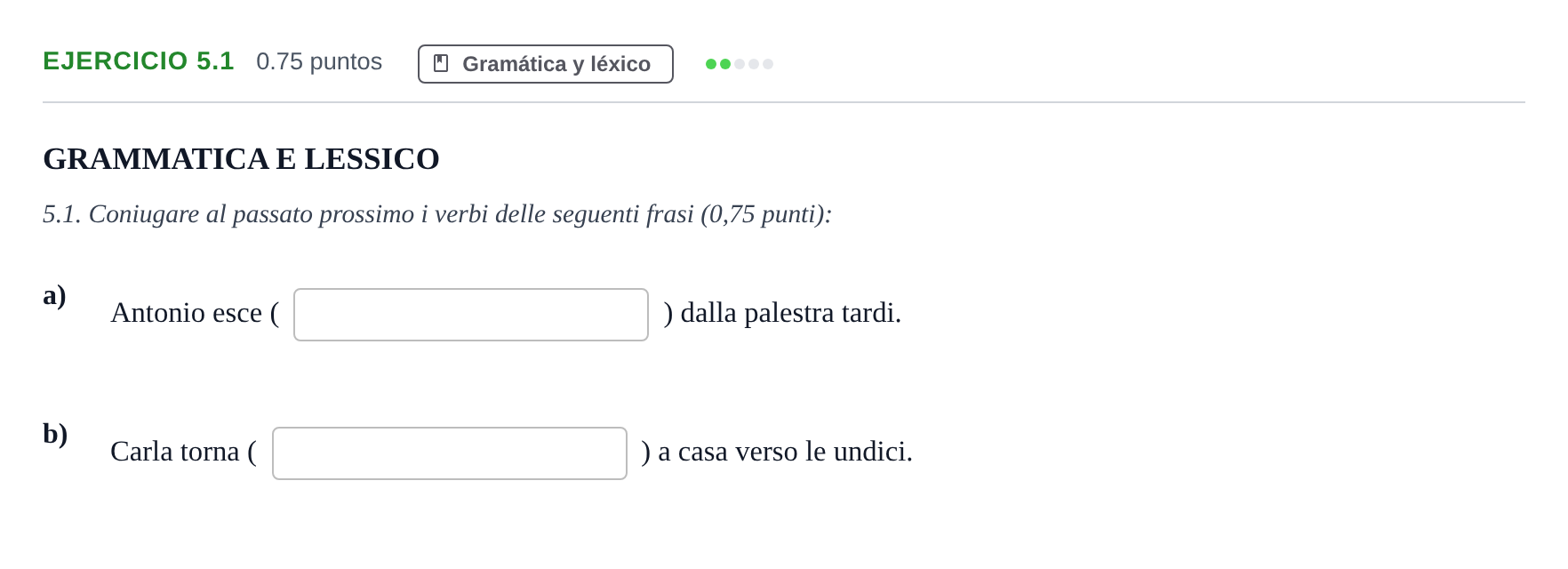 Enunciado: Ejercicio 5.1 · Italiano PAU Andalucía Extraordinaria Titular (Admisión) 2024