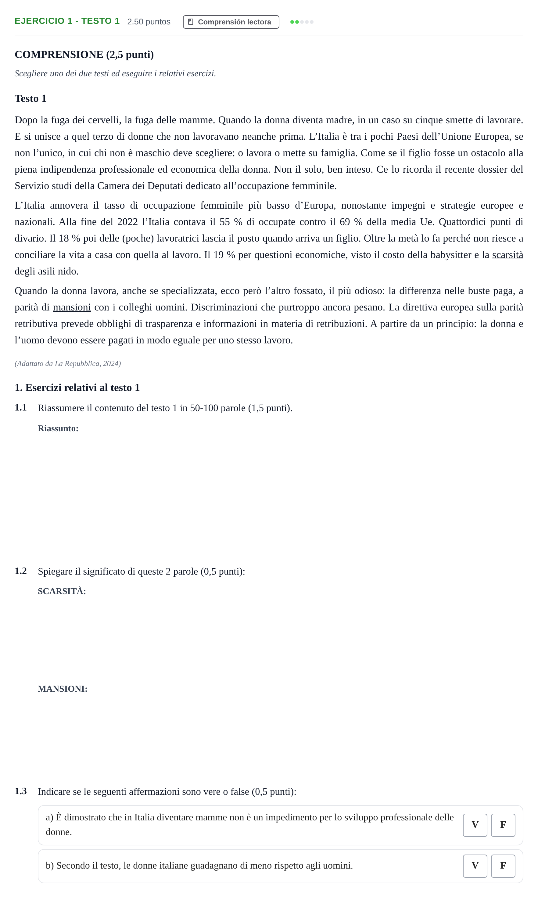 Enunciado: Ejercicio 1 - Testo 1 · Italiano PAU Andalucía Ordinaria Titular (Acceso) 2024