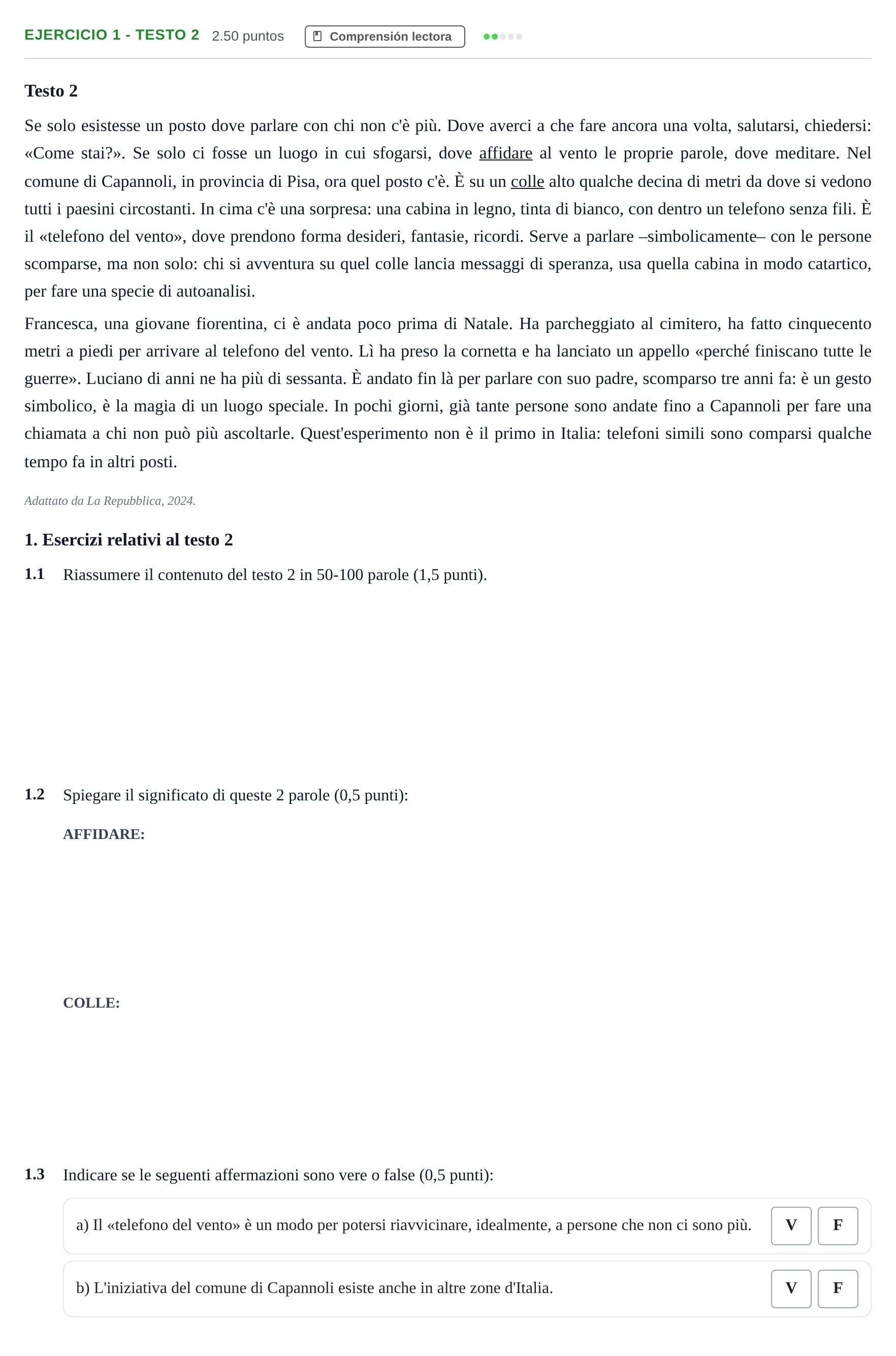 Enunciado: Ejercicio 1 - Testo 2 · Italiano PAU Andalucía Ordinaria Titular (Acceso) 2024