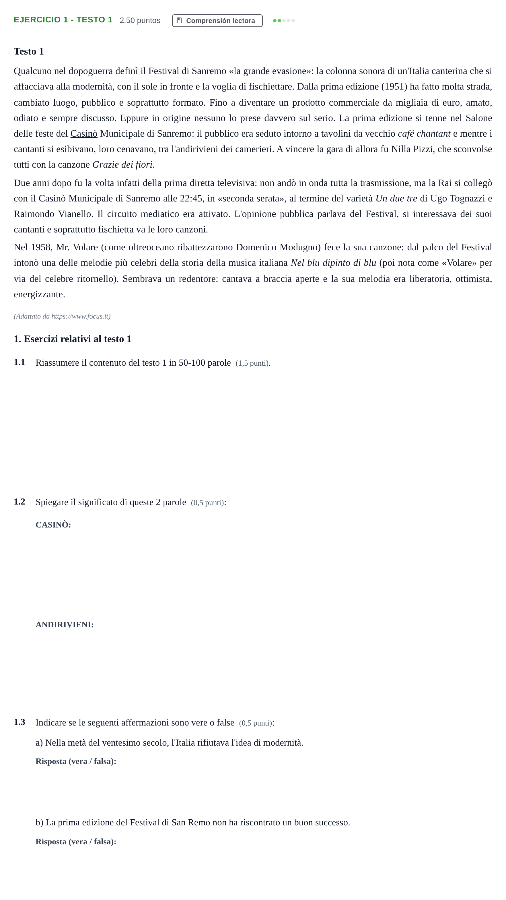 Enunciado: Ejercicio 1 - Testo 1 · Italiano PAU Andalucía Ordinaria Titular (Admisión) 2024