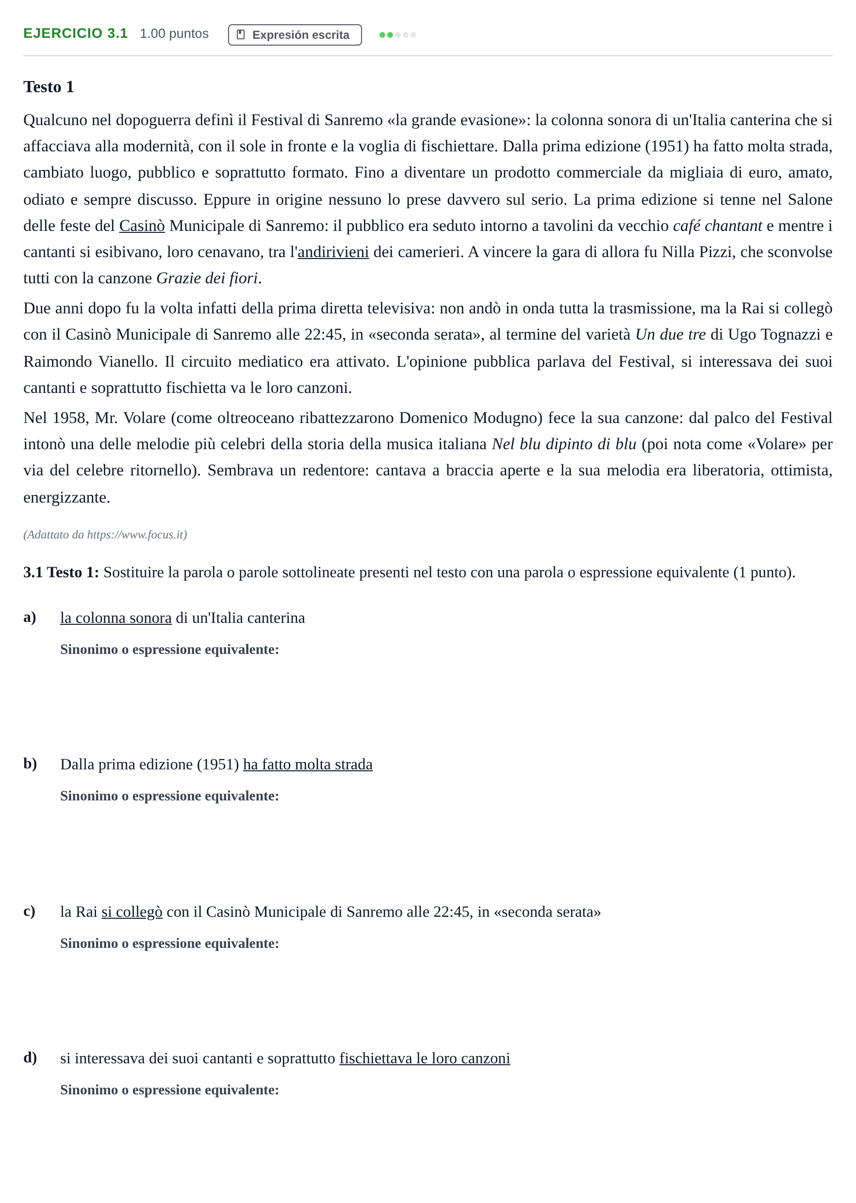 Enunciado: Ejercicio 3.1 · Italiano PAU Andalucía Ordinaria Titular (Admisión) 2024