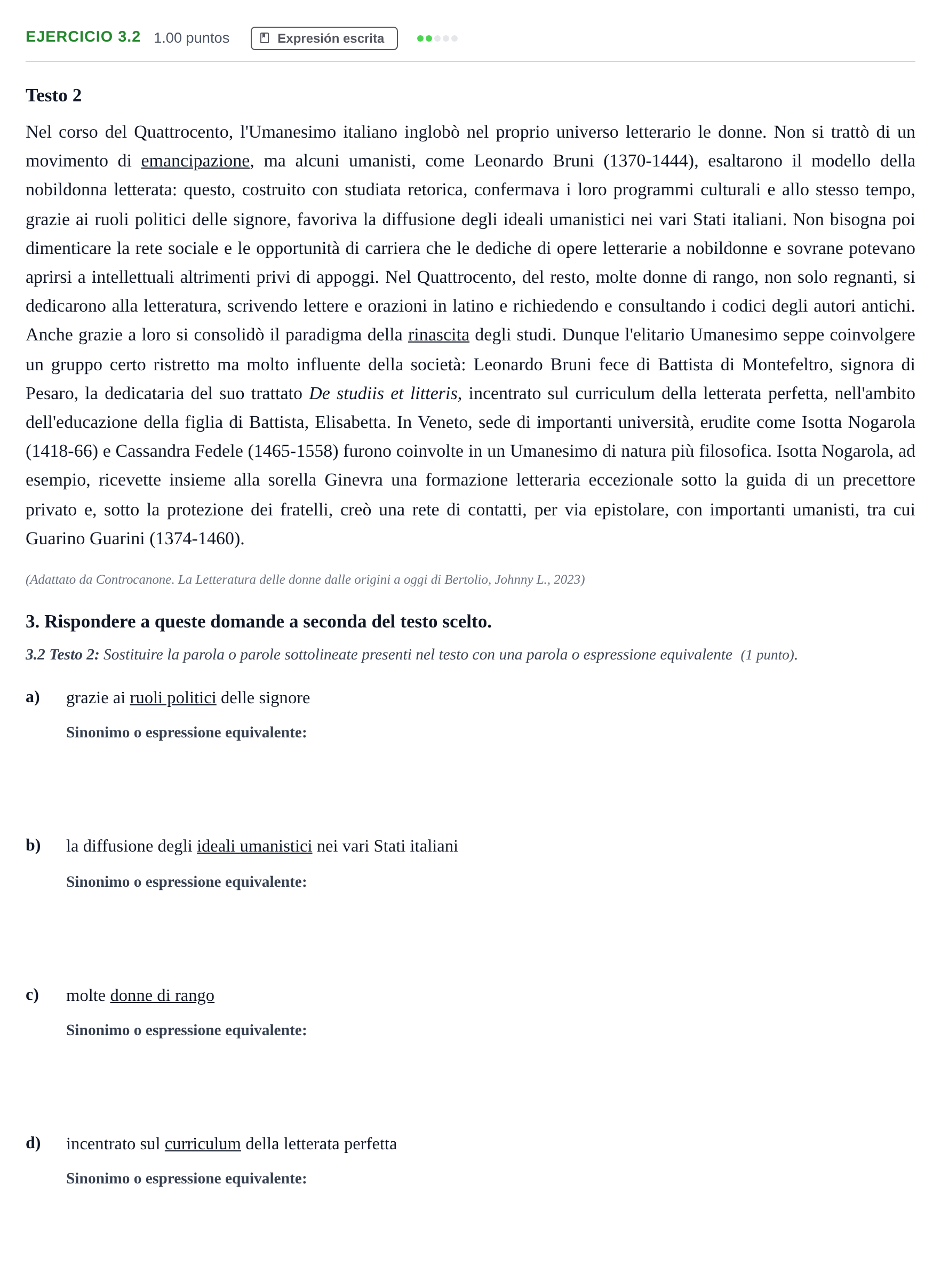 Enunciado: Ejercicio 3.2 · Italiano PAU Andalucía Ordinaria Titular (Admisión) 2024