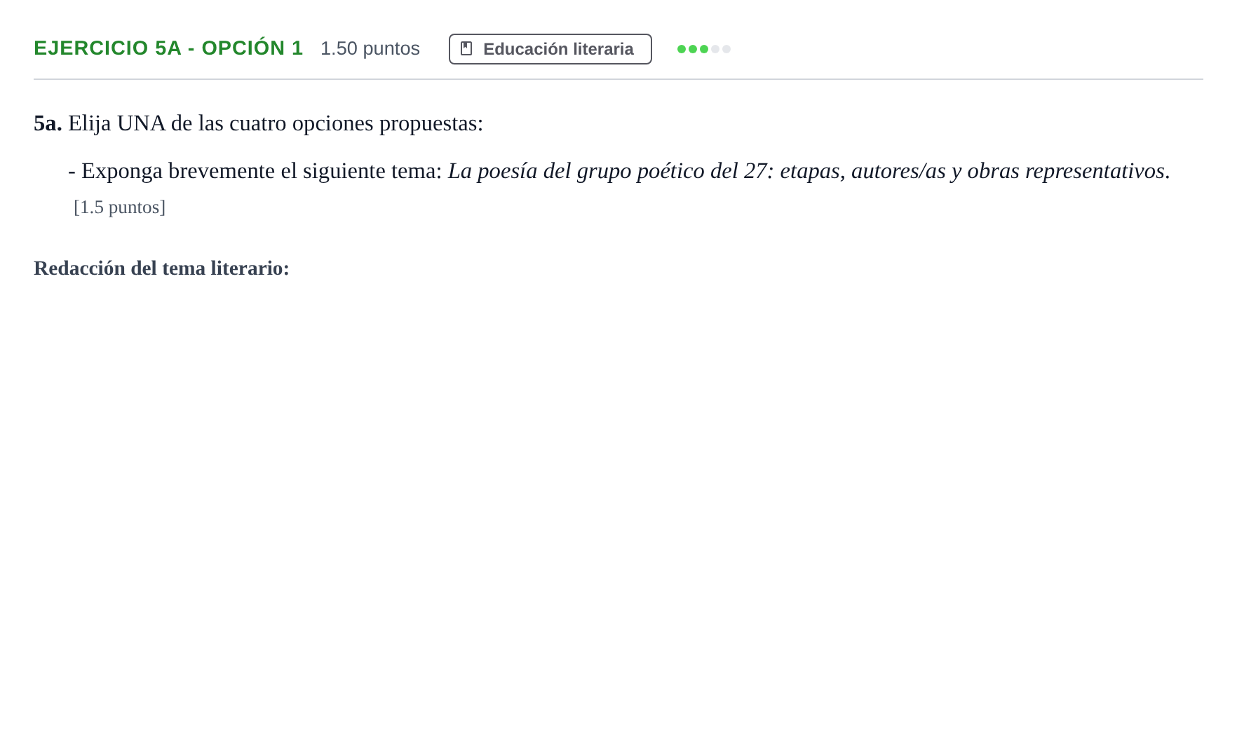 Enunciado: Ejercicio 5a - Opción 1 · Lengua Castellana y Literatura II PAU Andalucía Extraordinaria Suplente 2024