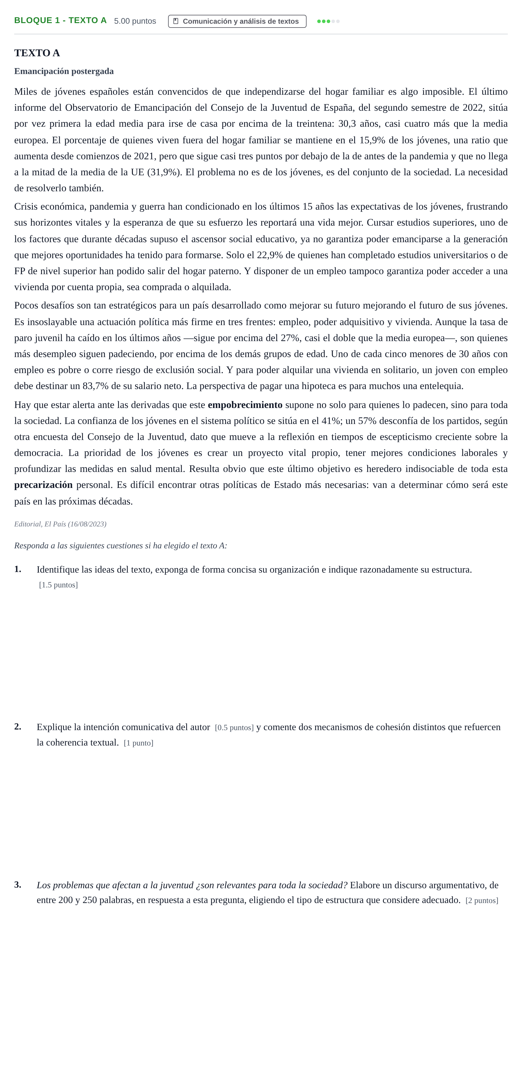Enunciado: Bloque 1 - Texto A · Lengua Castellana y Literatura II PAU Andalucía Extraordinaria Titular 2024