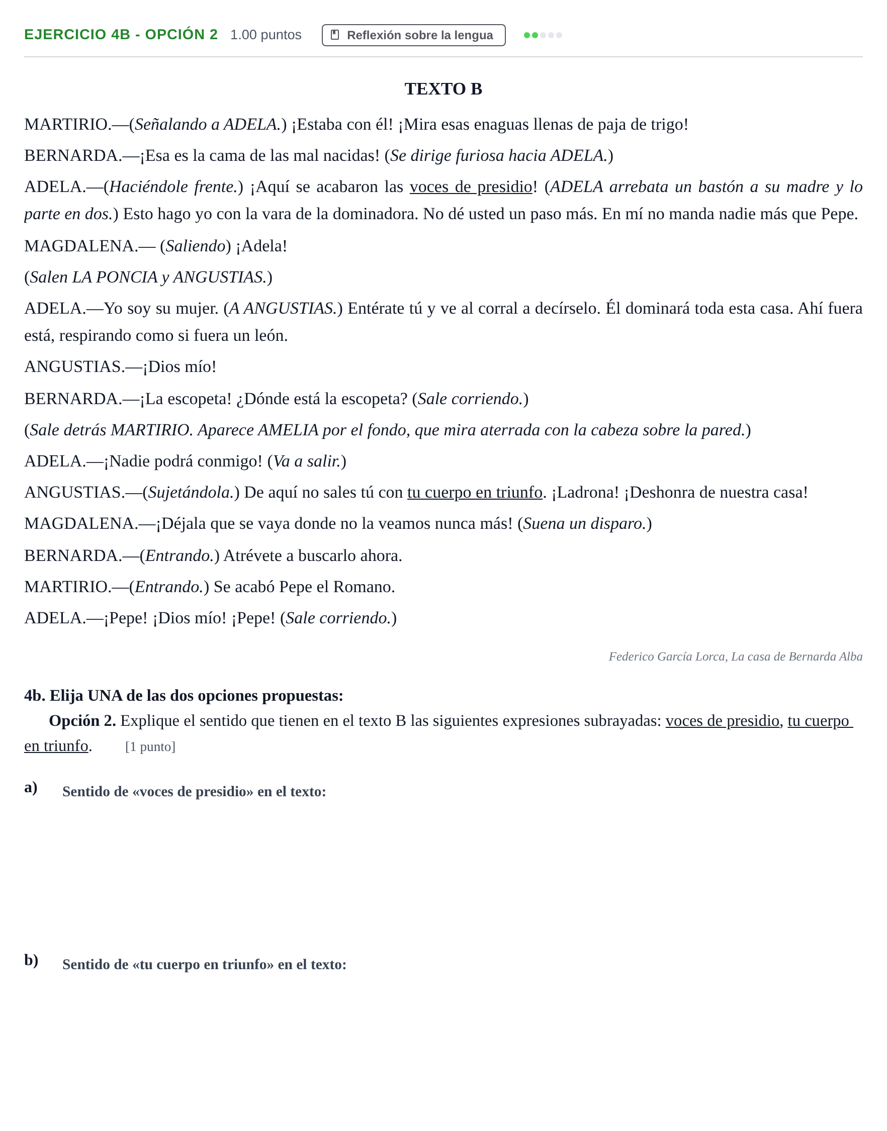 Enunciado: Ejercicio 4b - Opción 2 · Lengua Castellana y Literatura II PAU Andalucía Ordinaria Reserva 2024