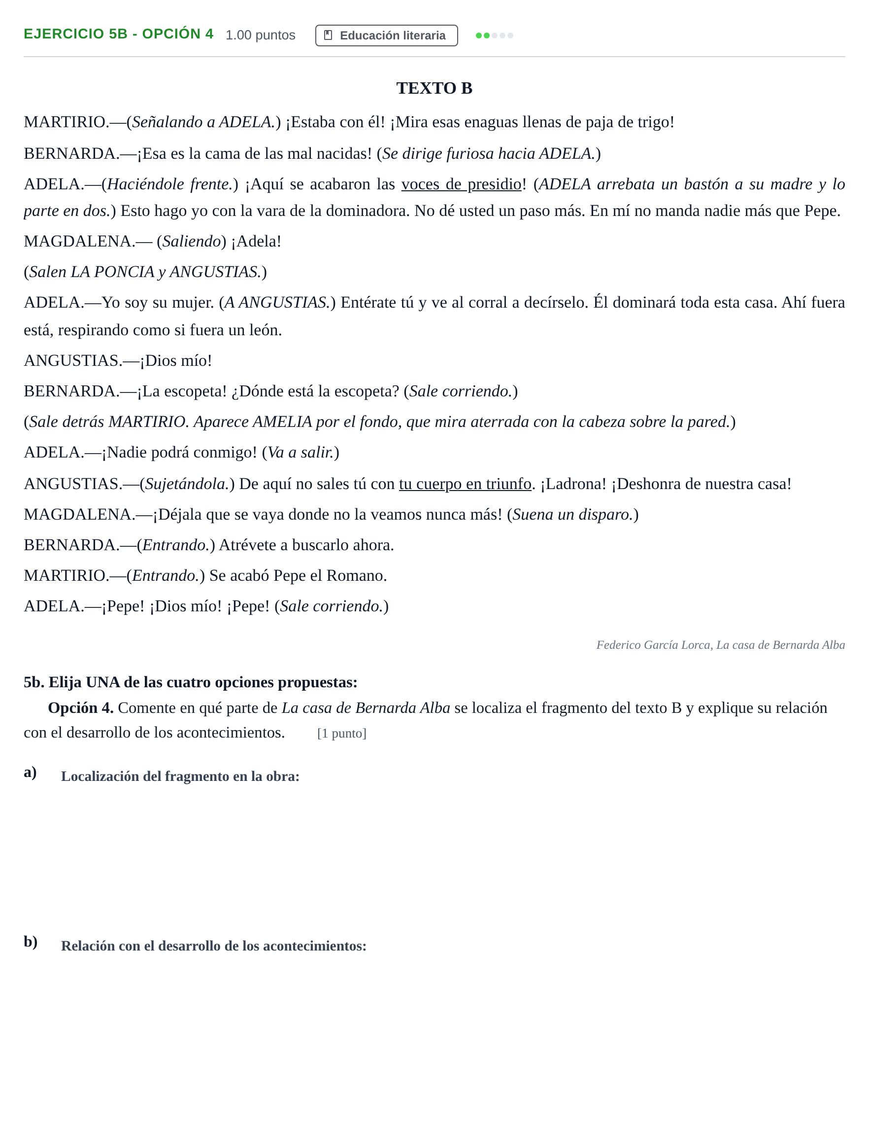 Enunciado: Ejercicio 5b - Opción 4 · Lengua Castellana y Literatura II PAU Andalucía Ordinaria Reserva 2024