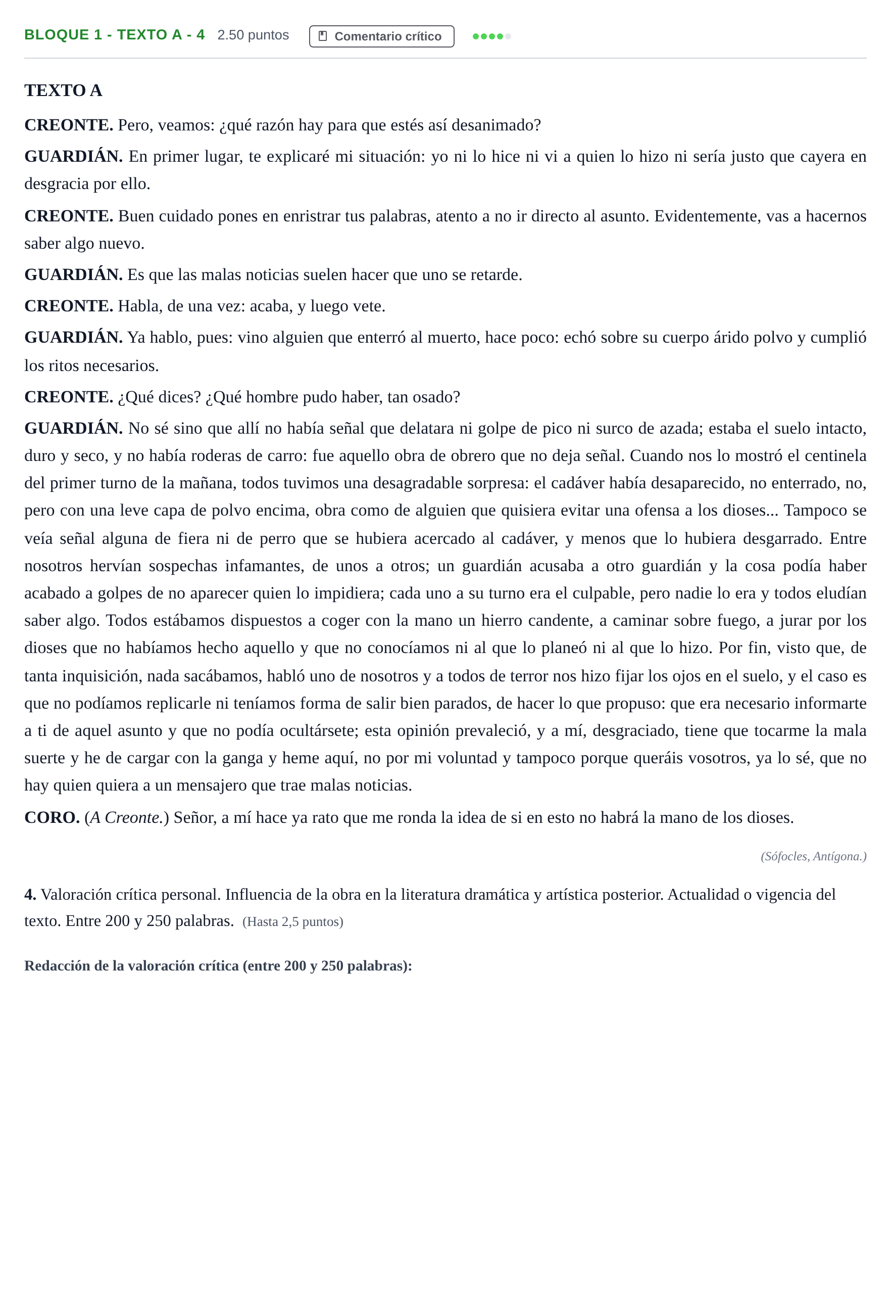 Enunciado: Bloque 1 - Texto A - 4 · Literatura Dramática PAU Andalucía Extraordinaria Suplente 2024