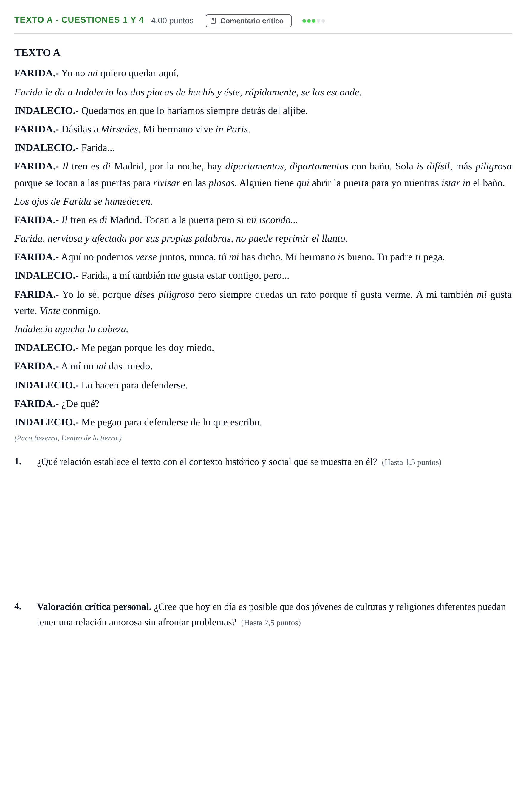 Enunciado: Ejercicio Texto A - Cuestiones 1 y 4 · Literatura Dramática PAU Andalucía Extraordinaria Reserva 2024