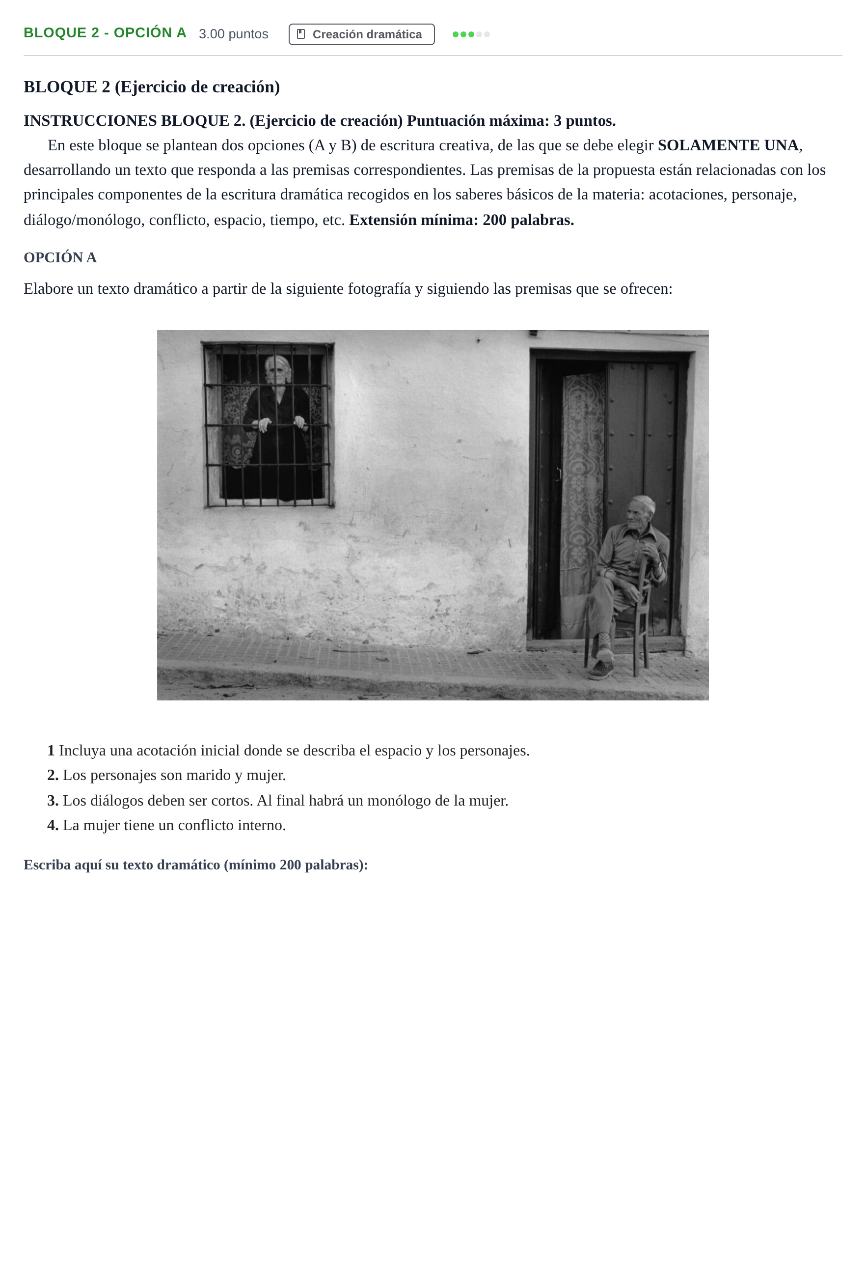 Enunciado: Bloque 2 - Opción A · Literatura Dramática PAU Andalucía Extraordinaria Reserva 2024