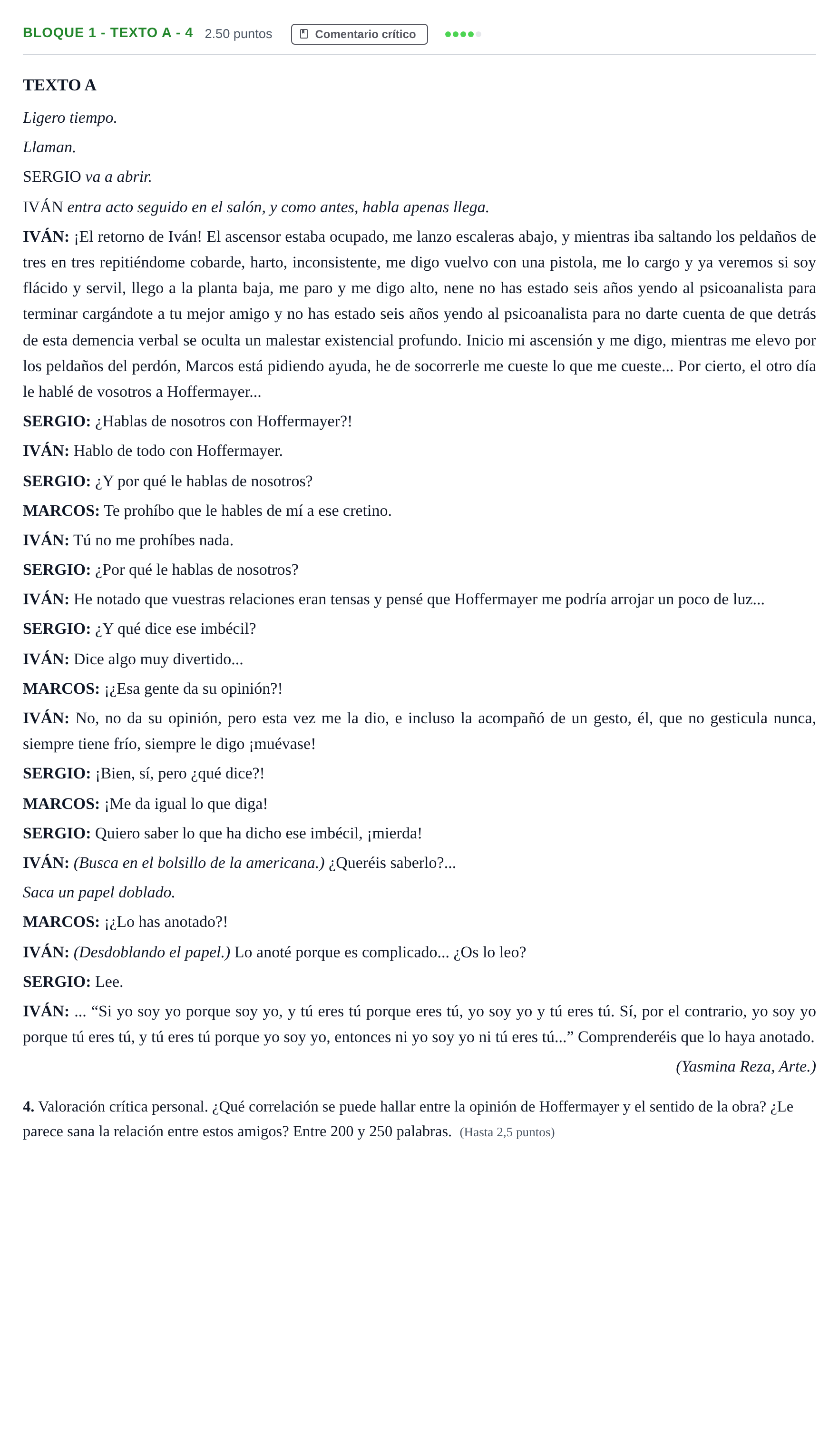 Enunciado: Bloque 1 - Texto A - 4 · Literatura Dramática PAU Andalucía Extraordinaria Titular 2024