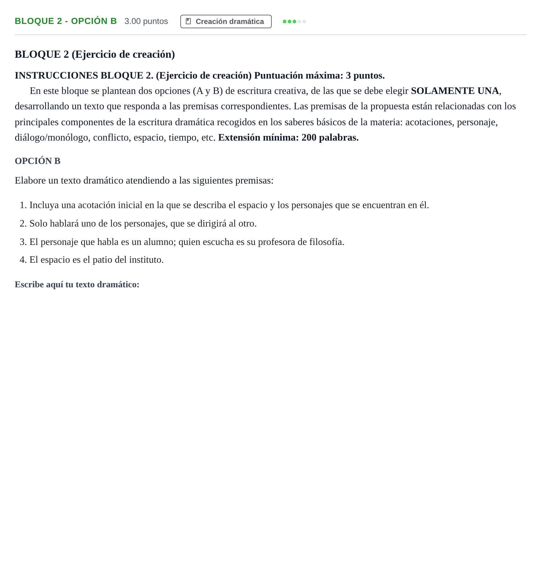 Enunciado: Bloque 2 - Opción B · Literatura Dramática PAU Andalucía Extraordinaria Titular 2024