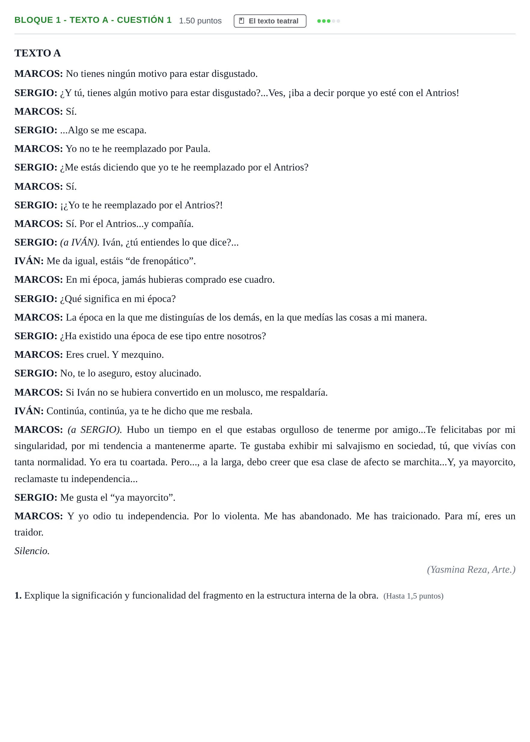 Enunciado: Bloque 1 - Texto A - Cuestión 1 · Literatura Dramática PAU Andalucía Ordinaria Reserva 2024