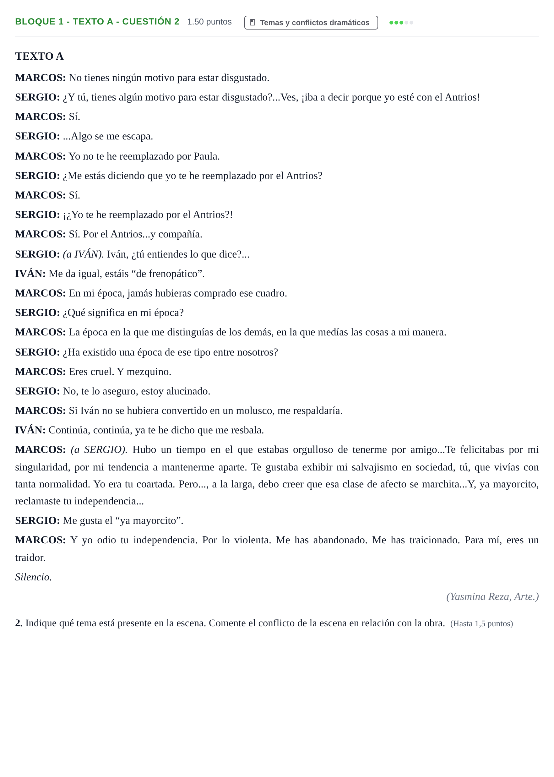 Enunciado: Bloque 1 - Texto A - Cuestión 2 · Literatura Dramática PAU Andalucía Ordinaria Reserva 2024