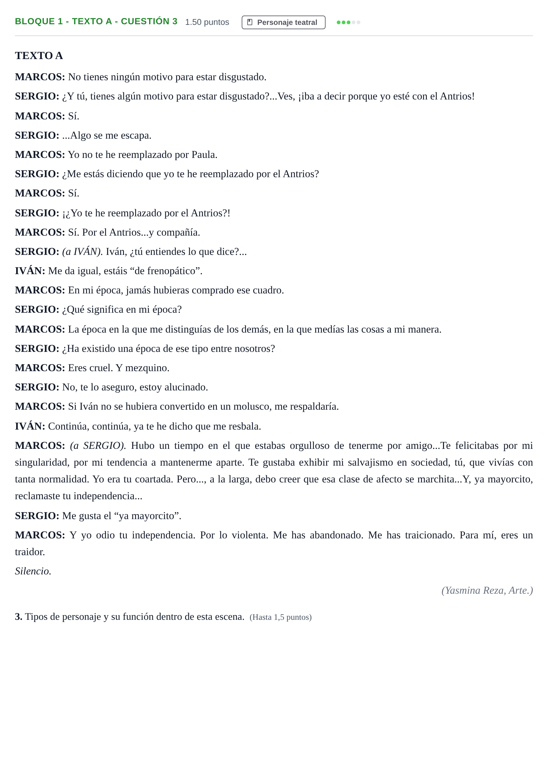 Enunciado: Bloque 1 - Texto A - Cuestión 3 · Literatura Dramática PAU Andalucía Ordinaria Reserva 2024