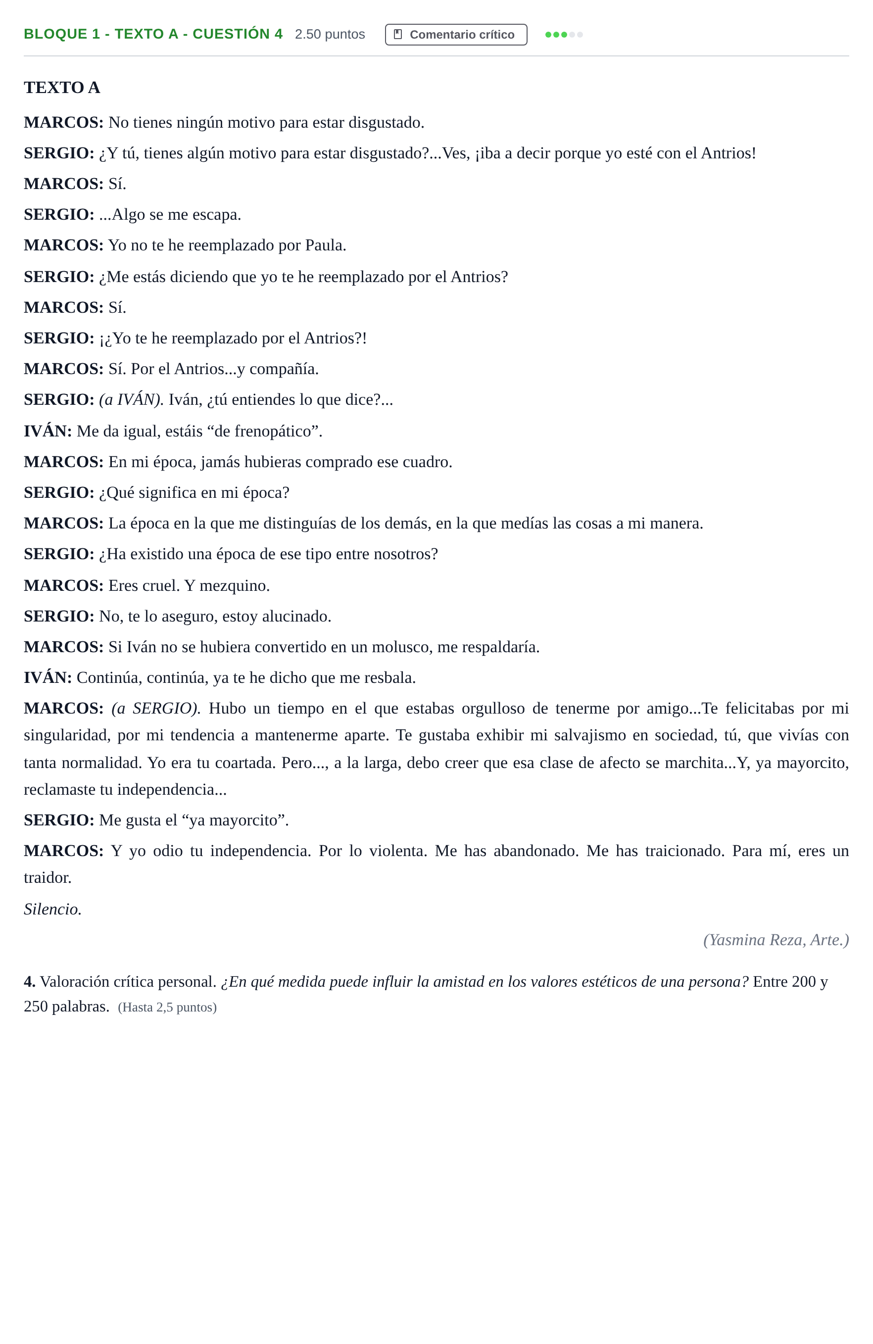 Enunciado: Bloque 1 - Texto A - Cuestión 4 · Literatura Dramática PAU Andalucía Ordinaria Reserva 2024