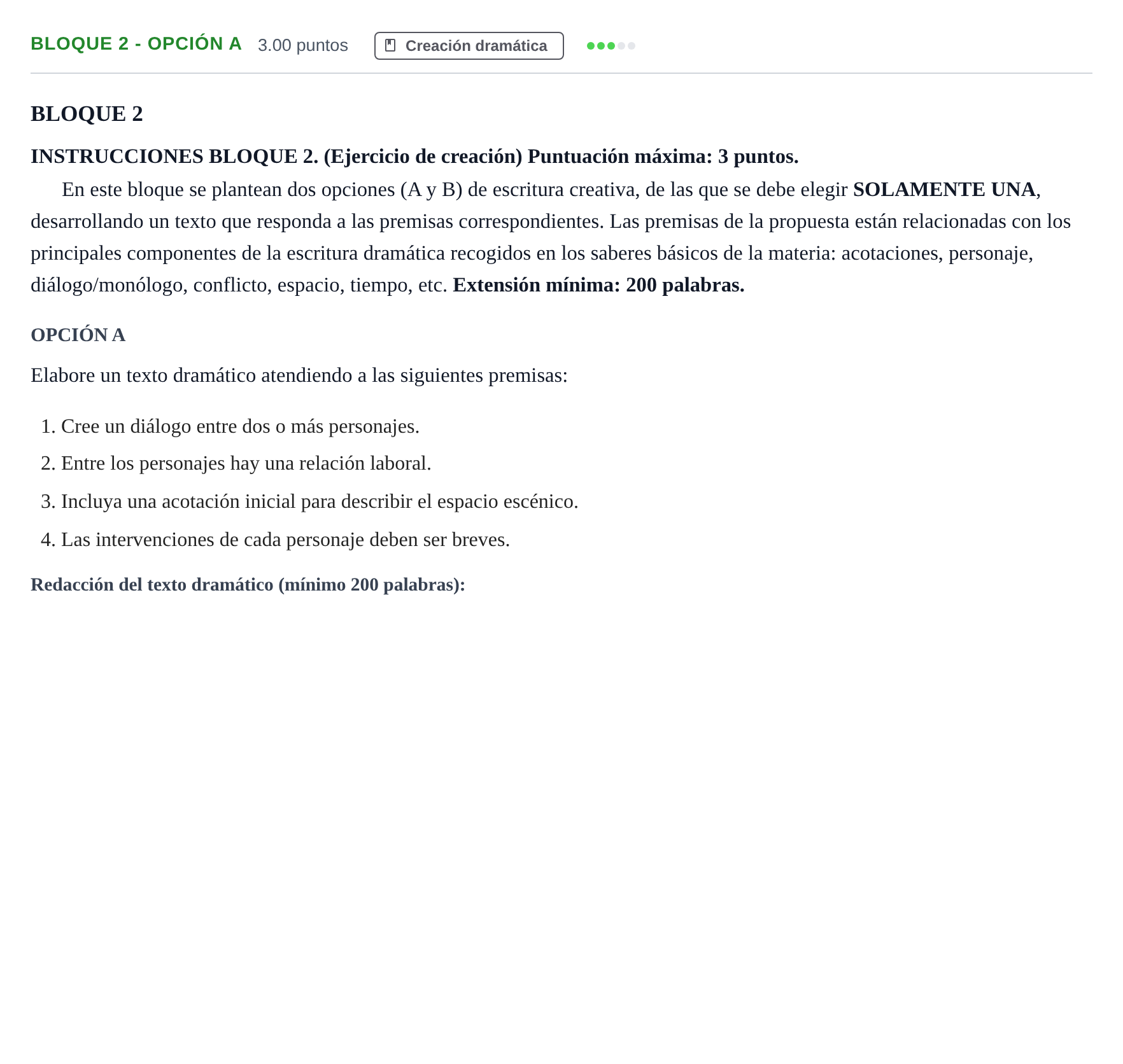 Enunciado: Bloque 2 - Opción A · Literatura Dramática PAU Andalucía Ordinaria Reserva 2024