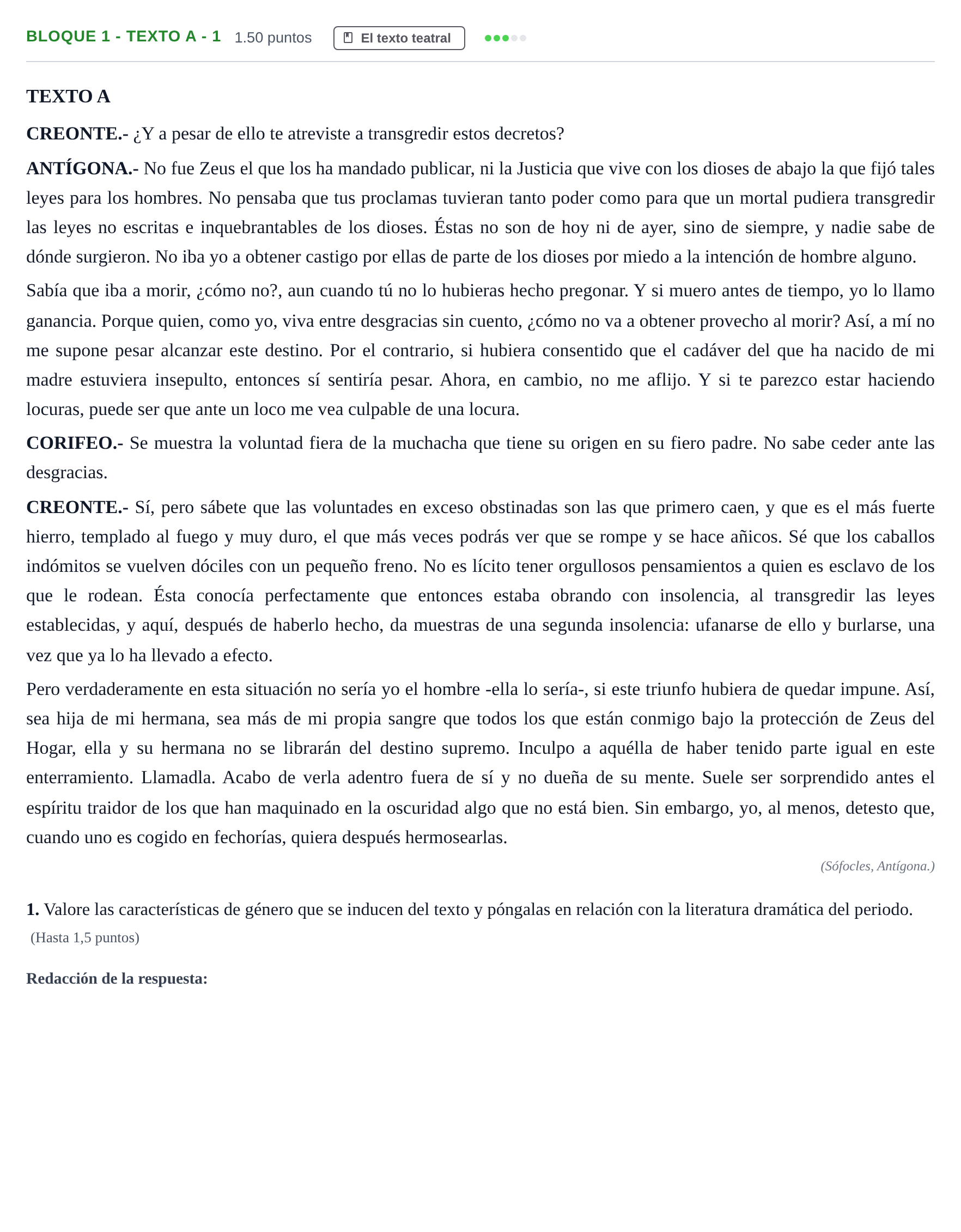 Enunciado: Bloque 1 - Texto A - 1 · Literatura Dramática PAU Andalucía Ordinaria Suplente 2024