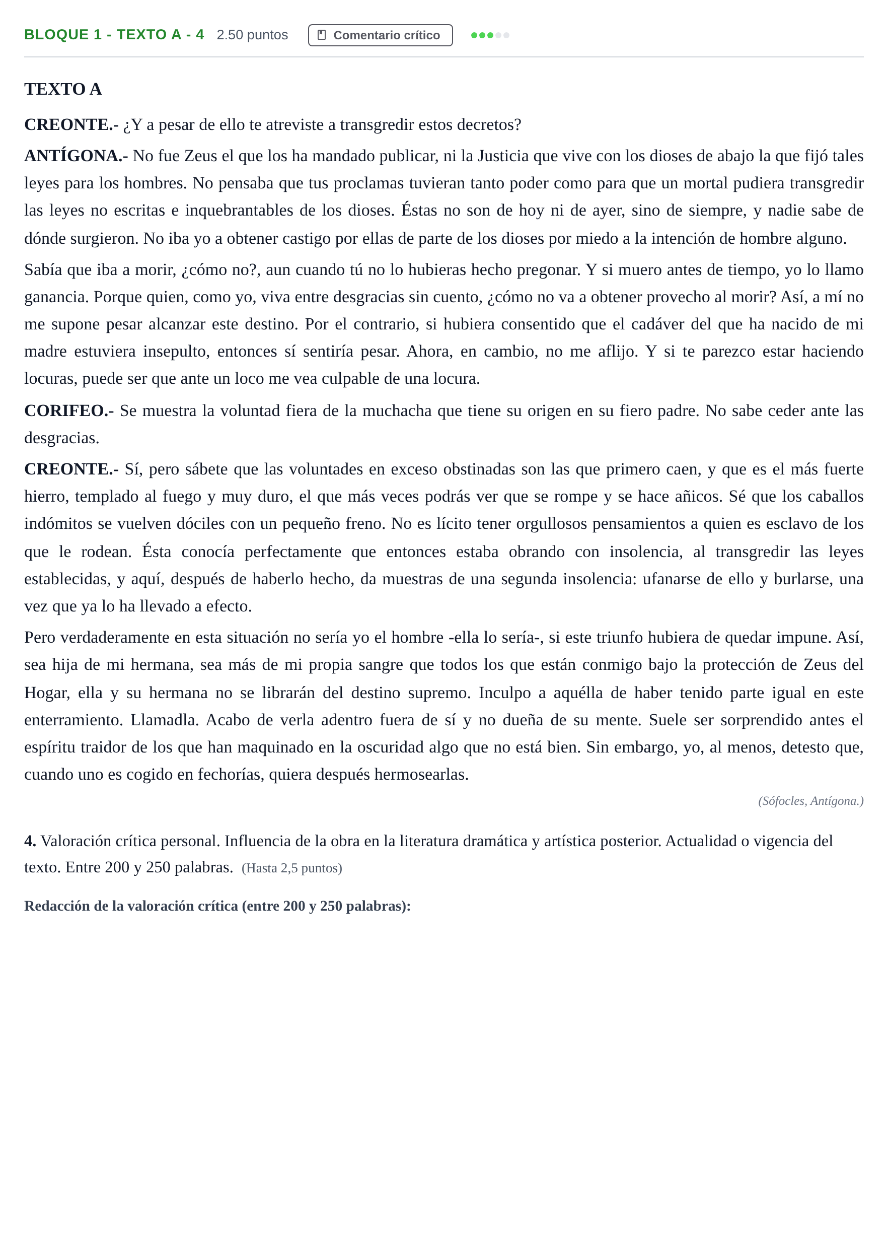 Enunciado: Bloque 1 - Texto A - 4 · Literatura Dramática PAU Andalucía Ordinaria Suplente 2024