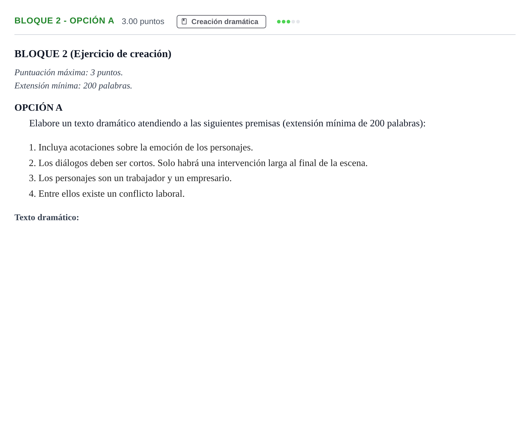 Enunciado: Bloque 2 - Opción A · Literatura Dramática PAU Andalucía Ordinaria Suplente 2024