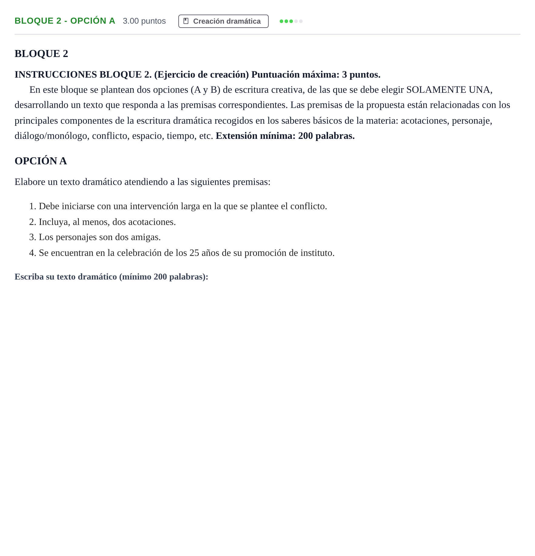 Enunciado: Bloque 2 - Opción A · Literatura Dramática PAU Andalucía Ordinaria Titular 2024