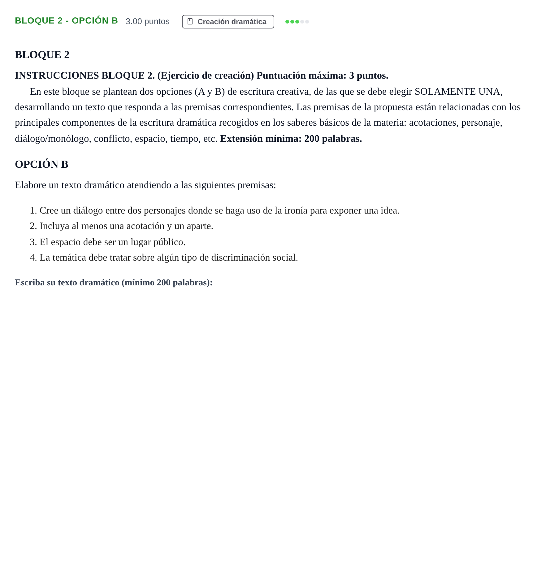 Enunciado: Bloque 2 - Opción B · Literatura Dramática PAU Andalucía Ordinaria Titular 2024