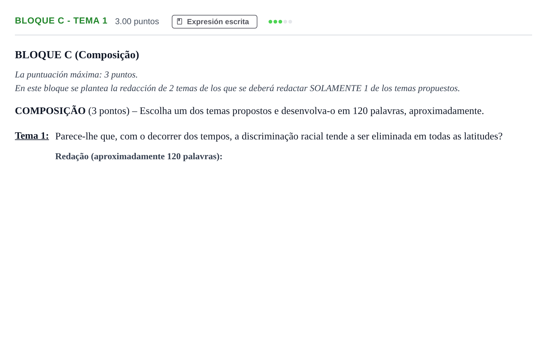 Enunciado: Bloque C - Tema 1 · Portugués PAU Andalucía Extraordinaria Suplente 2024