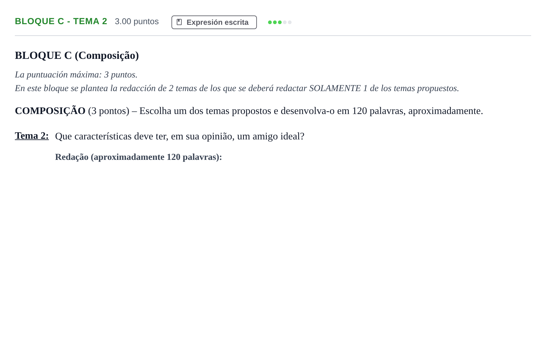 Enunciado: Bloque C - Tema 2 · Portugués PAU Andalucía Extraordinaria Suplente 2024