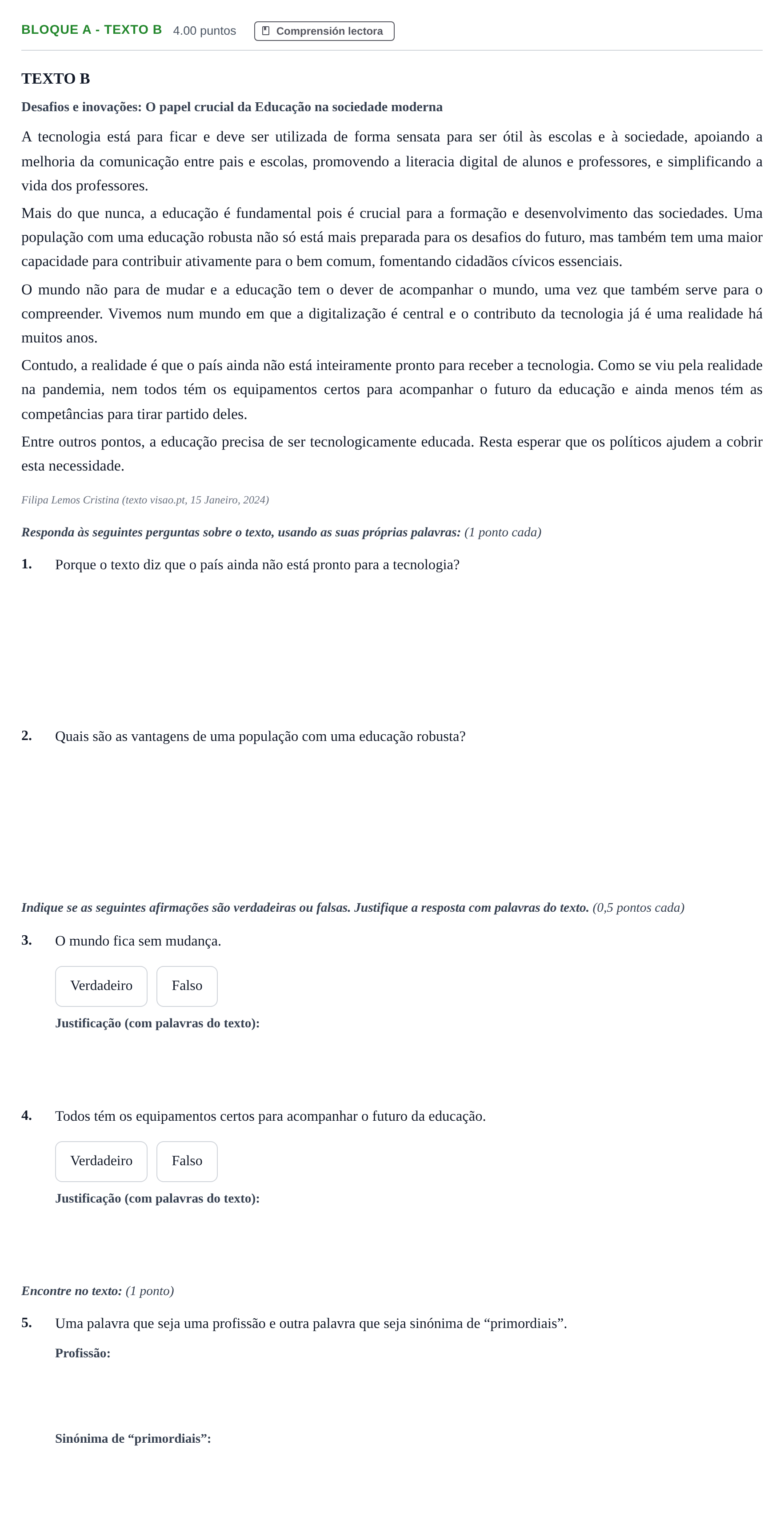 Enunciado: Bloque A - Texto B · Portugués PAU Andalucía Extraordinaria Titular (Acceso) 2024