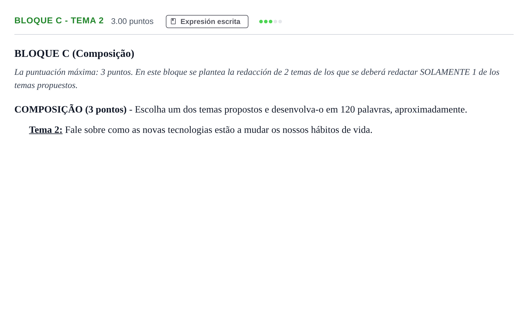 Enunciado: Bloque C - Tema 2 · Portugués PAU Andalucía Extraordinaria Titular (Acceso) 2024