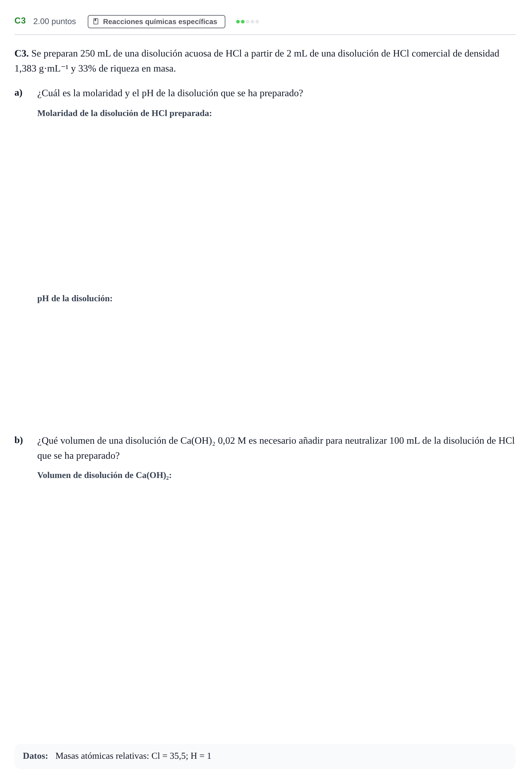 Enunciado: Ejercicio C3 · Química PAU Andalucía Extraordinaria Reserva 2024