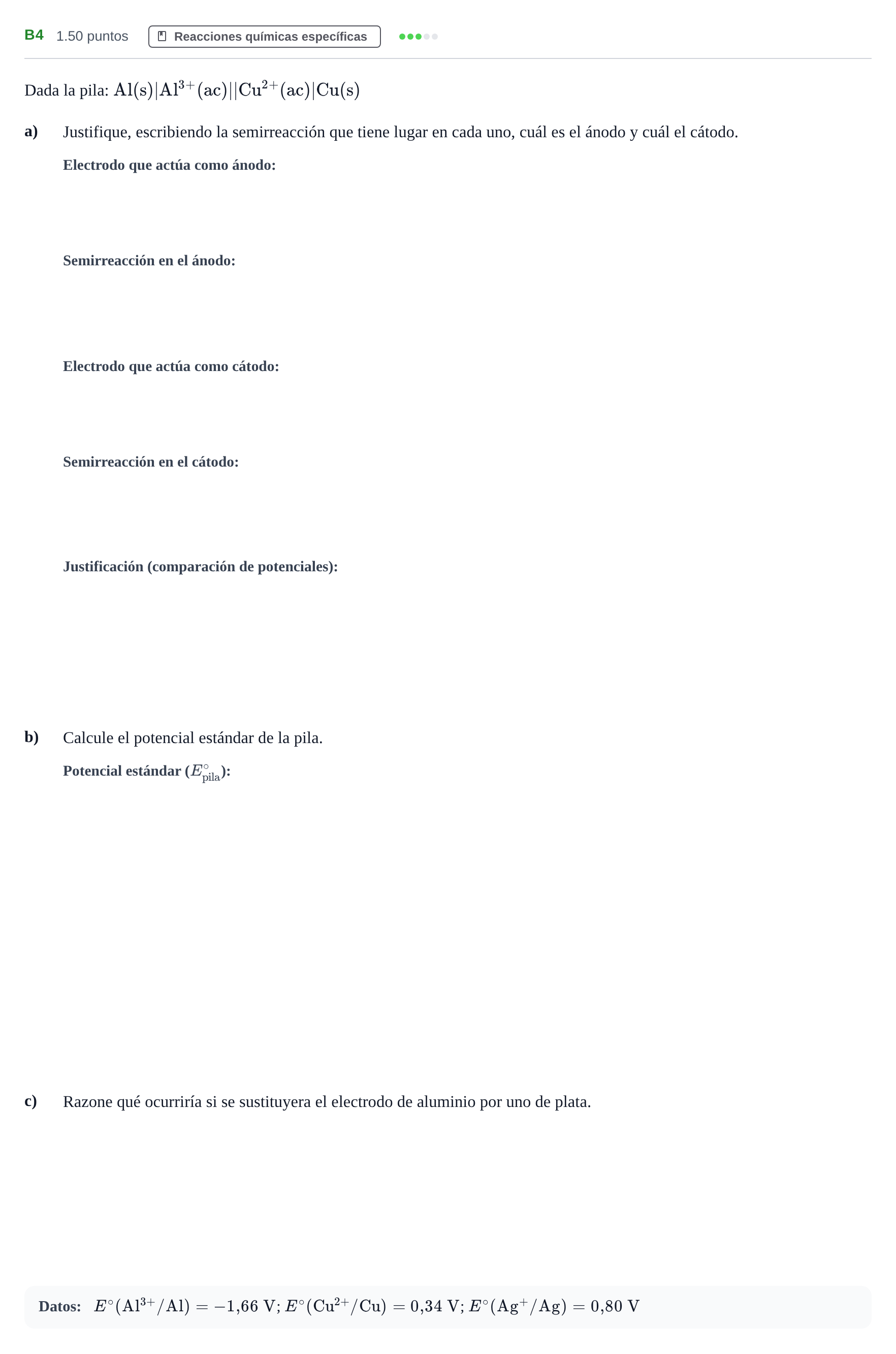 Enunciado: Ejercicio B4 · Química PAU Andalucía Extraordinaria Suplente 2024