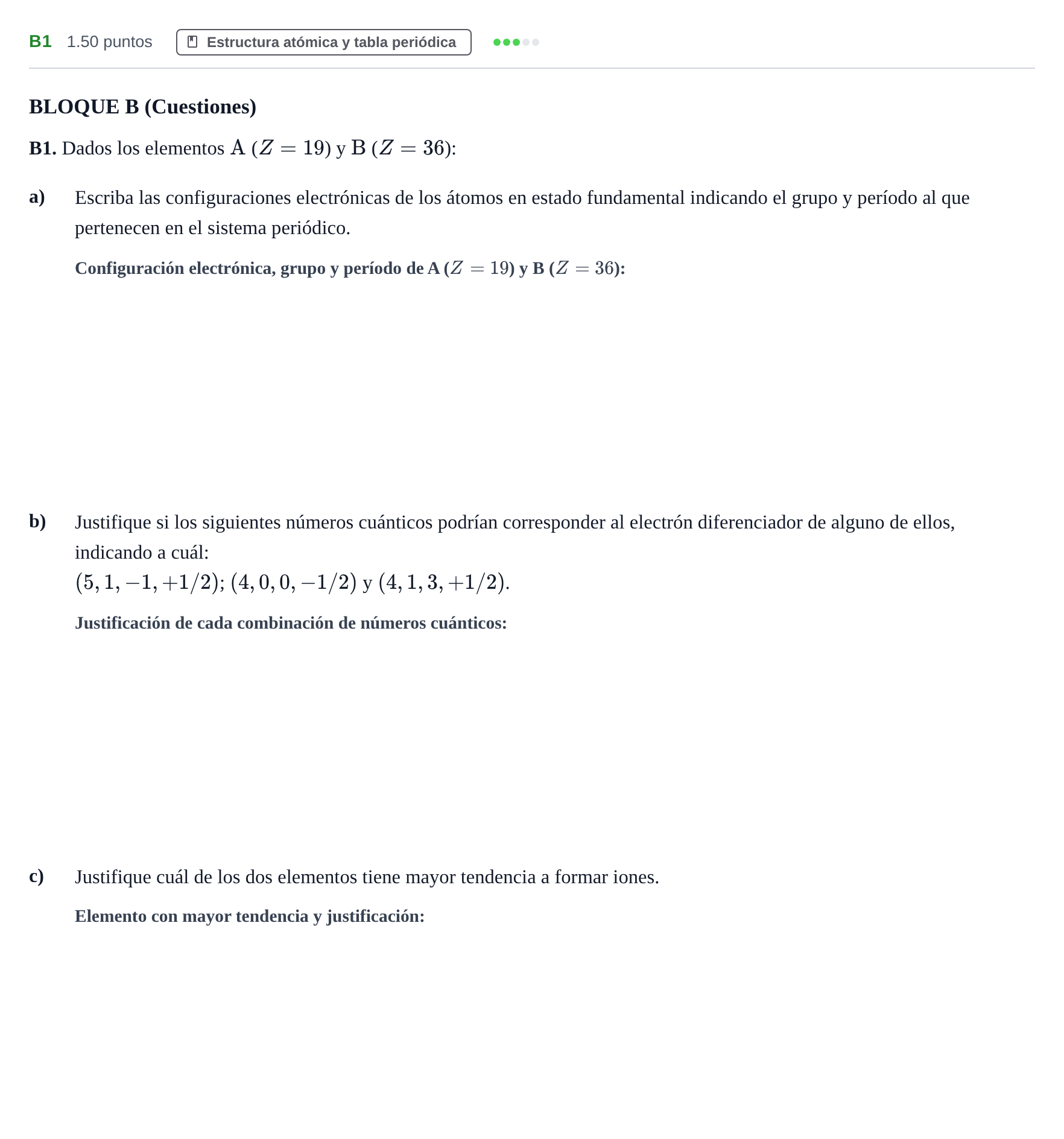 Enunciado: Ejercicio B1 · Química PAU Andalucía Ordinaria Reserva 2024