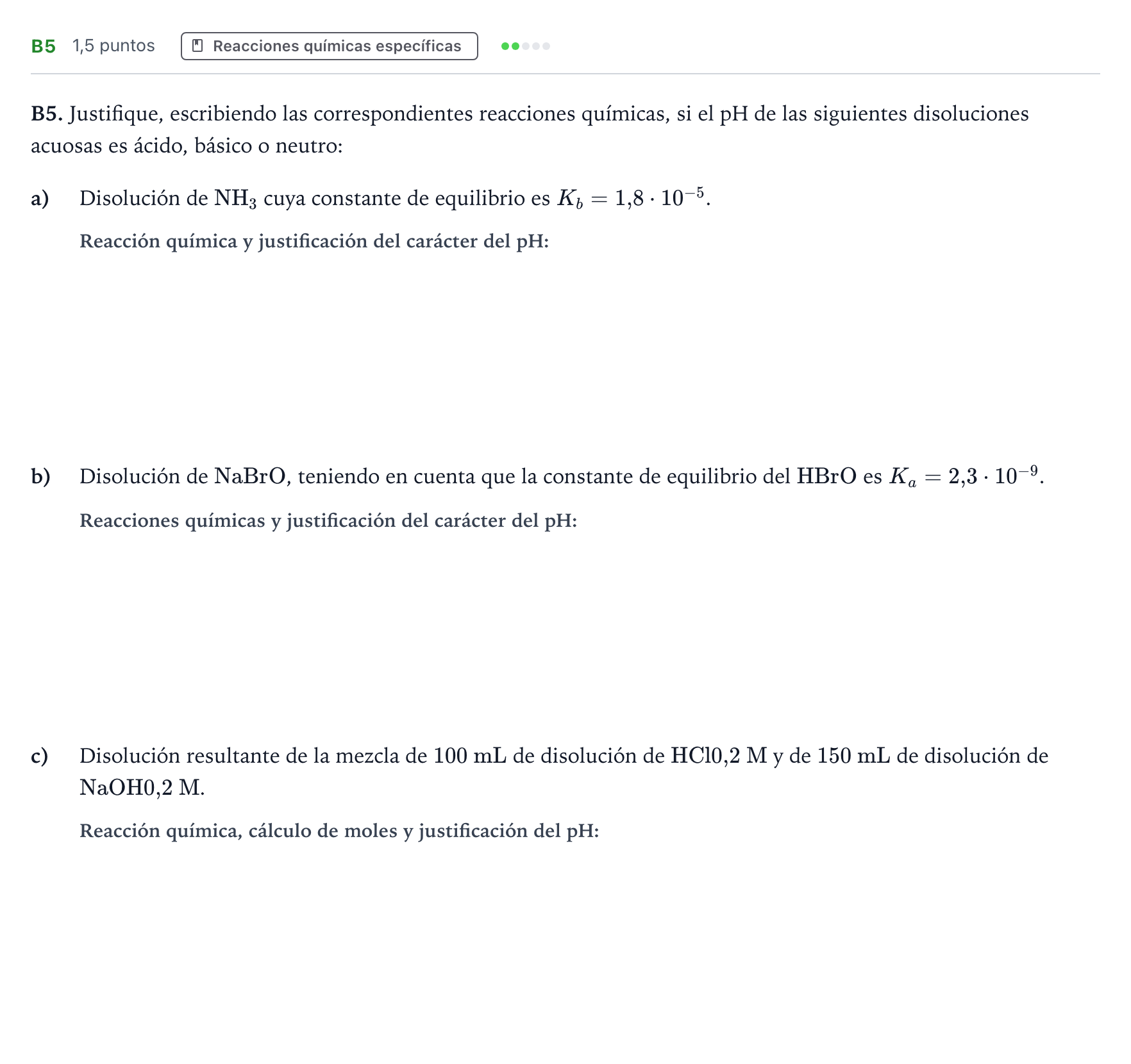 Enunciado: Ejercicio B5 · Química PAU Andalucía Ordinaria Suplente 2024