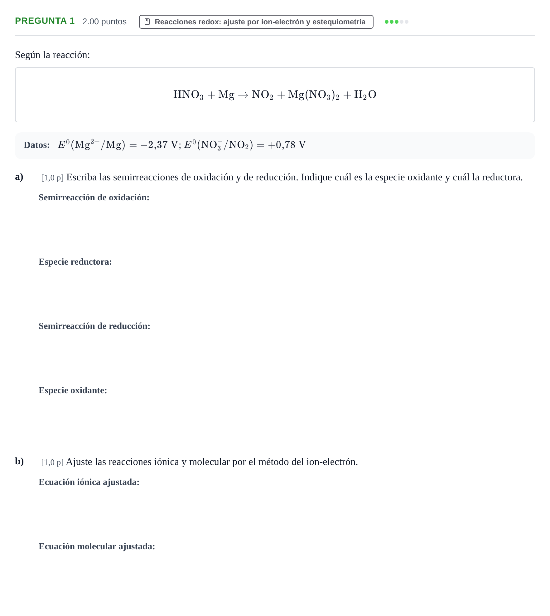Enunciado: Pregunta 1 - Reacciones redox · Química PAU Castilla-La Mancha Extraordinaria 2021