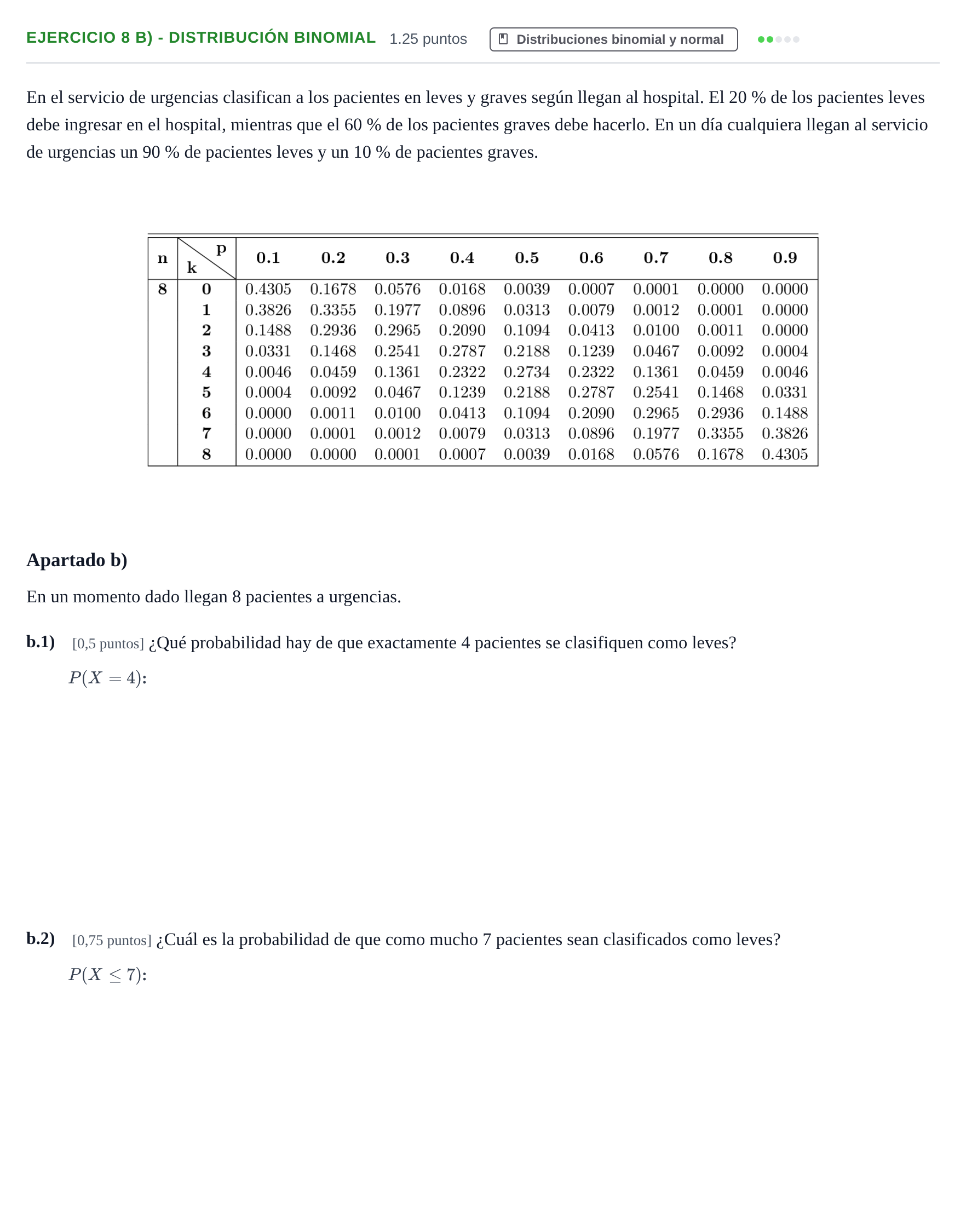 Enunciado: Ejercicio 8 b) - Distribución binomial · Matemáticas II PAU Castilla-La Mancha Extraordinaria 2021